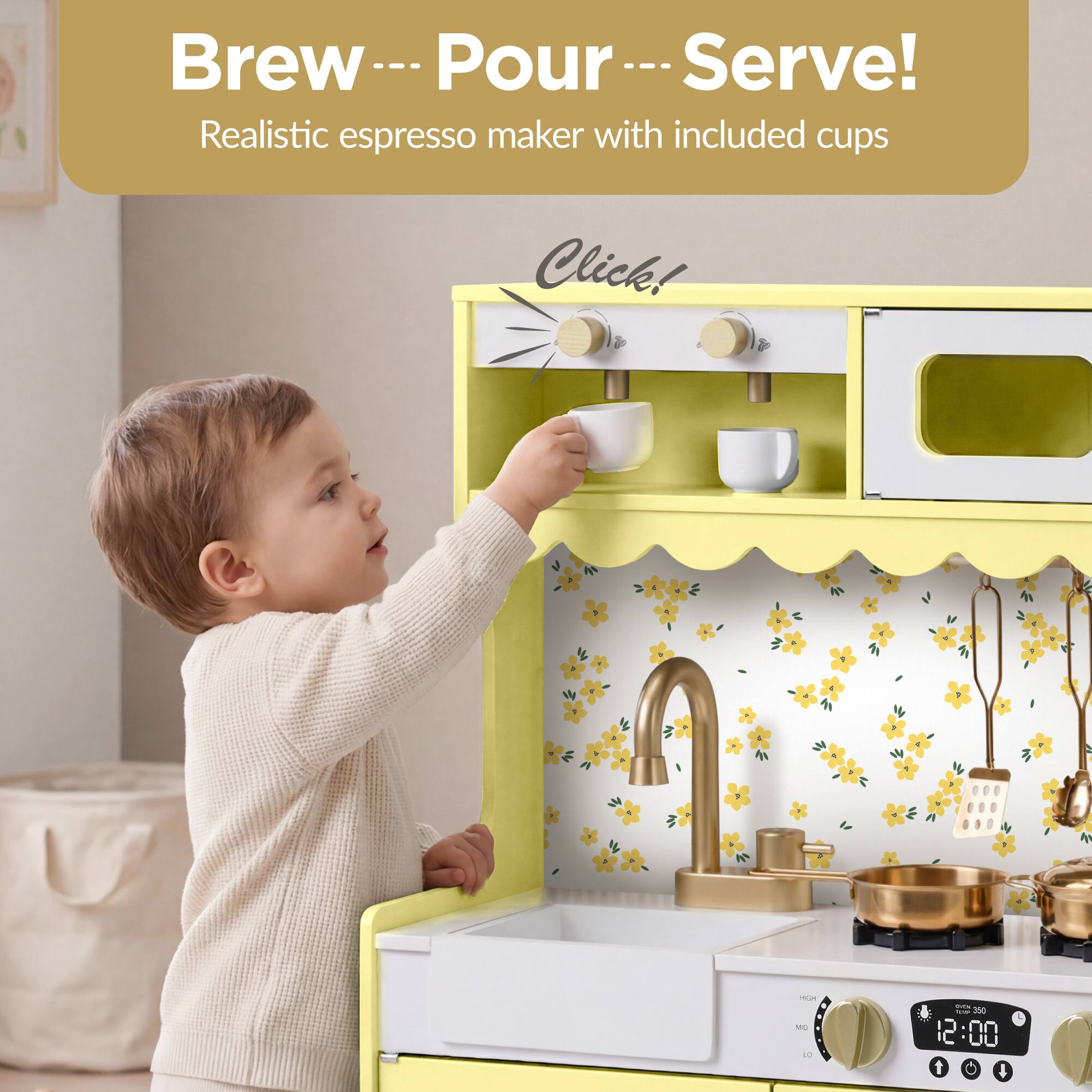 Brew --- Pour --- Serve!  
Realistic espresso maker with included cups  

Click!