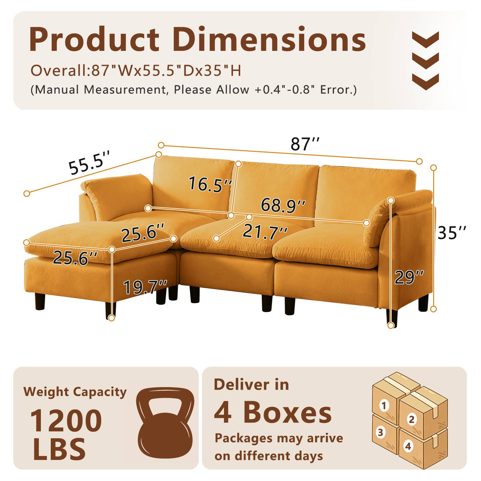 Product Dimensions Overall: 87"Wx55.5"Dx35"H (Manual Measurement, Please Allow +0.4"-0.8" Error.)  
87" 55.5" 16.5" 68.9" 25.6" 21.7" 25.6" 19.7" 35" 29"  
Weight Capacity: 1200 LBS  
Deliver in 4 Boxes  
Packages may arrive on different days