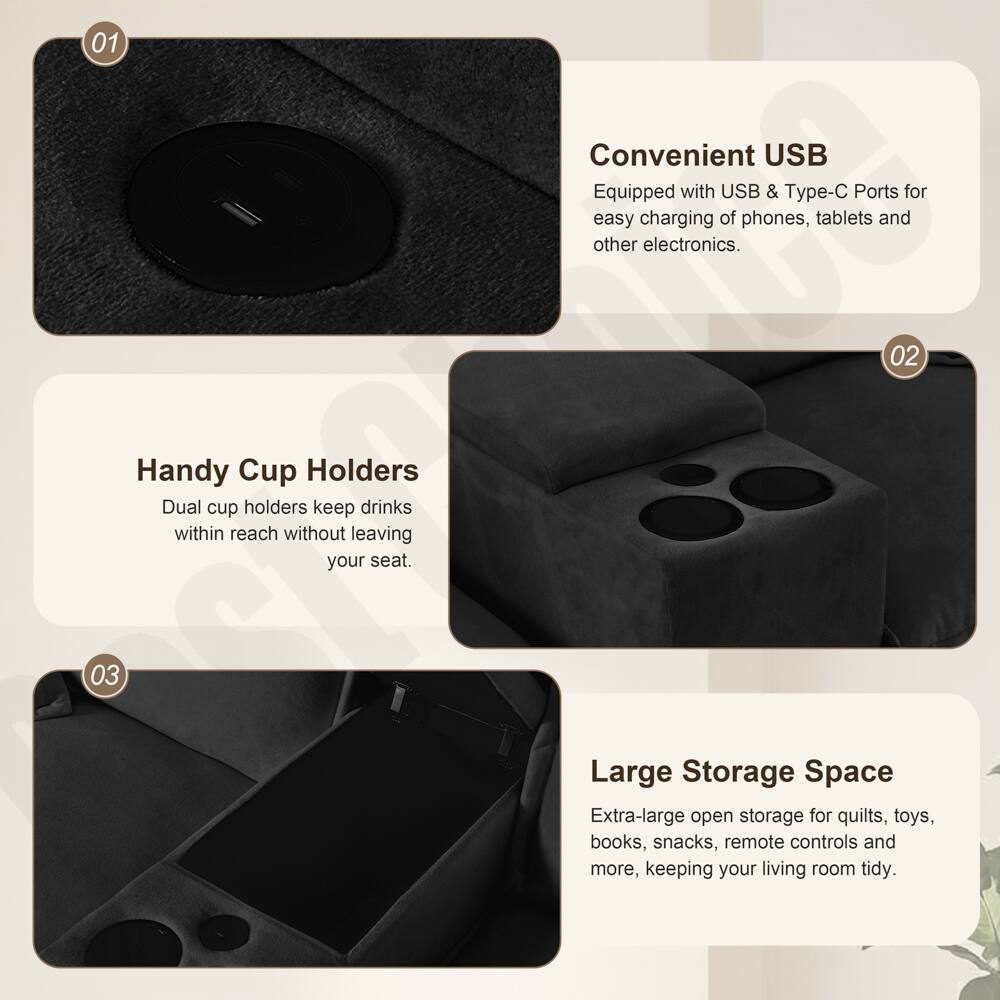 01 Convenient USB  
Equipped with USB & Type-C Ports for easy charging of phones, tablets and other electronics.

02 Handy Cup Holders  
Dual cup holders keep drinks within reach without leaving your seat.

03 Large Storage Space  
Extra-large open storage for quilts, toys, books, snacks, remote controls and more, keeping your living room tidy.