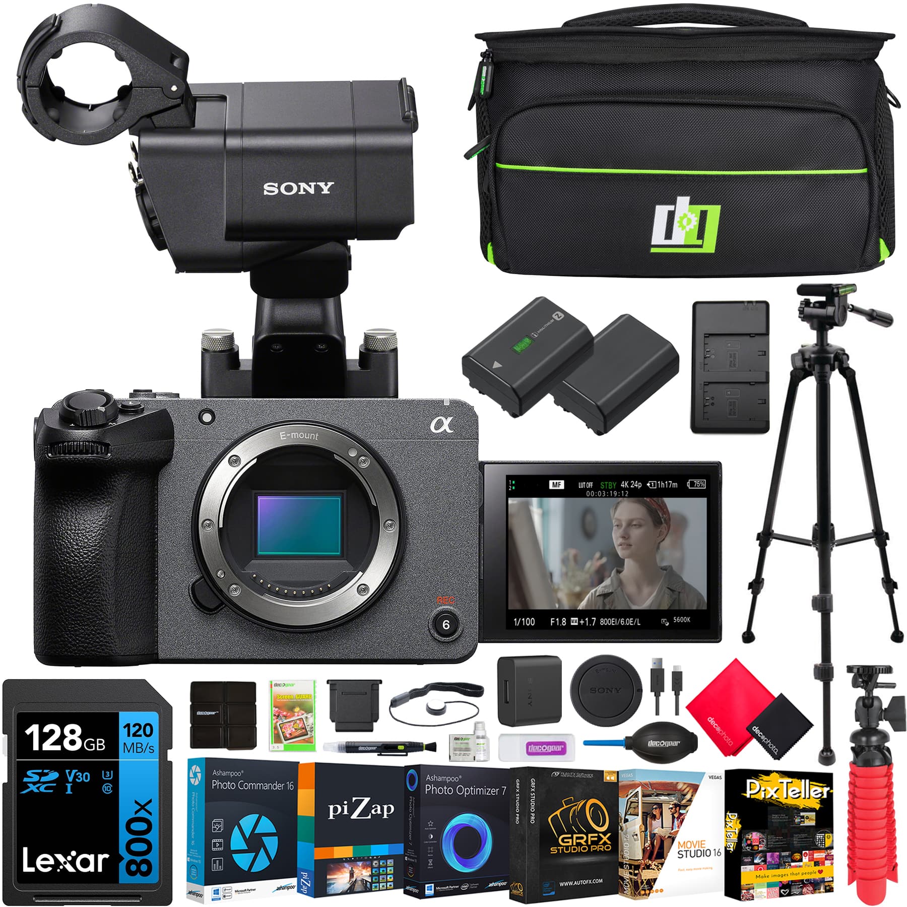 SONY E-mount  
- S STEW 24g 40T17m  
- 00:03:19:12 REC 6 1/100 F18 +1.7 08/.DE/S  
- SNOOK - SONY 120 128 GB MB/s V30  
- I S Lexar 800x  
- Anhampoo Photo Commander 16  
- Ashampoo Photo Optimizer 7  
- pi Zap!  
- SCONE  
- LO GRFX STUDIO PARO  
- www.AUL.oM  
- Sor decechoto Tiucesep  
- PixTeller MOVEE STUDIO 16  

128 GB  
120 MB/s  
V30  
800x  
Lexar  

Anhampoo Photo Commander 16  
Ashampoo Photo Optimizer 7  
piZap  
GRFX STUDIO PRO  
MOVIE STUDIO 16  
PixTeller MOVEE STUDIO 16  
www.AUL.oM