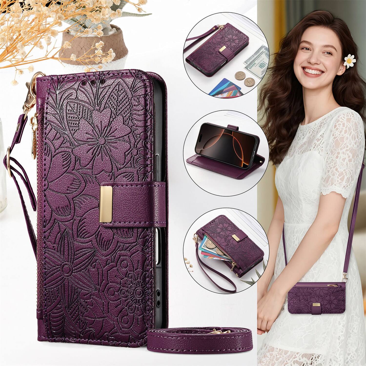 Alt View 6. Dteck - Floral Embossed Leather Zipper Cash Slot Wallet Case for Apple iPhone 16 with Detachable Strap - Purple.
