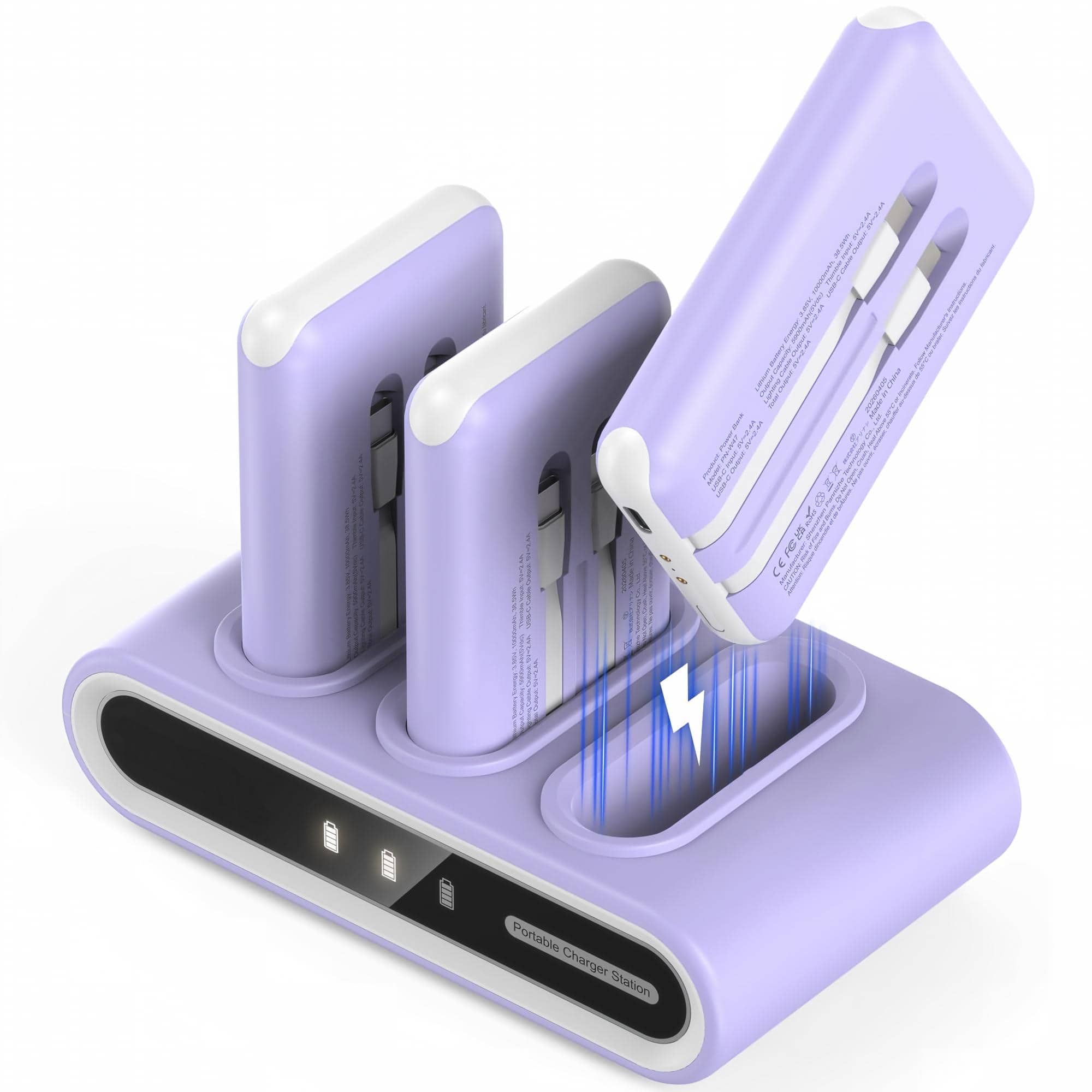 PRIMEPLUS - 10000mAh Power Bank with Built-in Cables, 3 Out 1 In Family Hub w/Stickers for Home Office - Purple