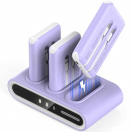 PRIMEPLUS - 10000mAh Power Bank with Built-in Cables, 3 Out 1 In Family Hub w/Stickers for Home Office - Purple
