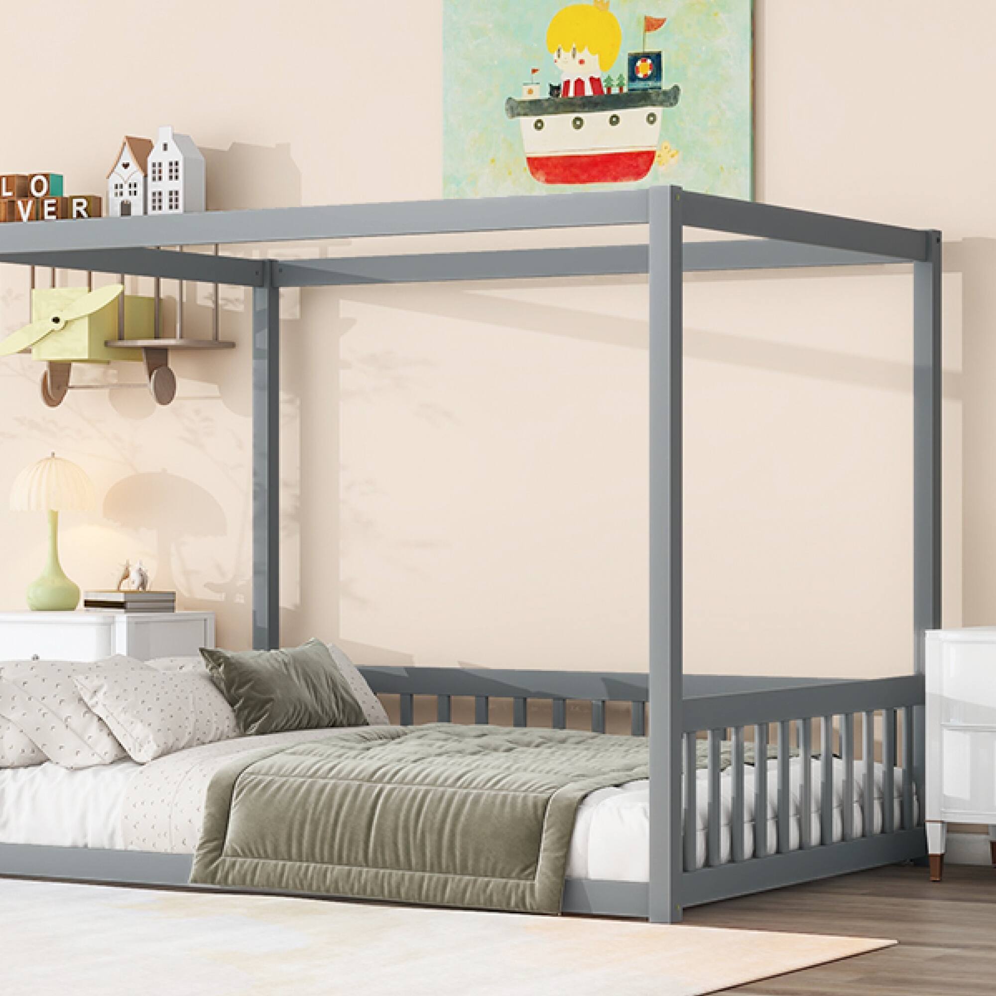 Alt View 6. GOODSILO - Full Size Canopy Frame Floor Bed with Safety Guardrails - Grey.