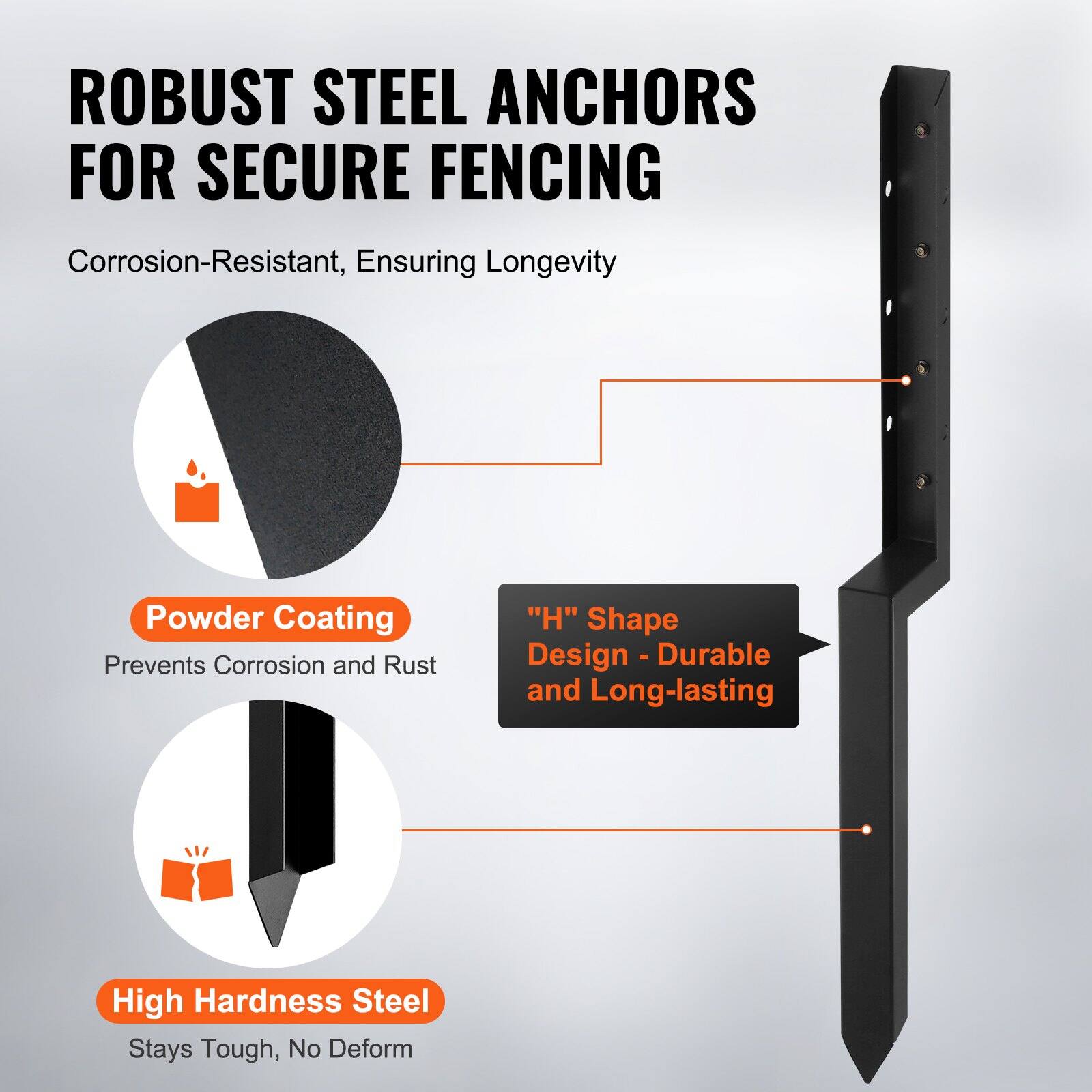 ROBUST STEEL ANCHORS FOR SECURE FENCING

Corrosion-Resistant, Ensuring Longevity

Powder Coating
Prevents Corrosion and Rust

"H" Shape Design - Durable and Long-lasting

High Hardness Steel
Stays Tough, No Deform