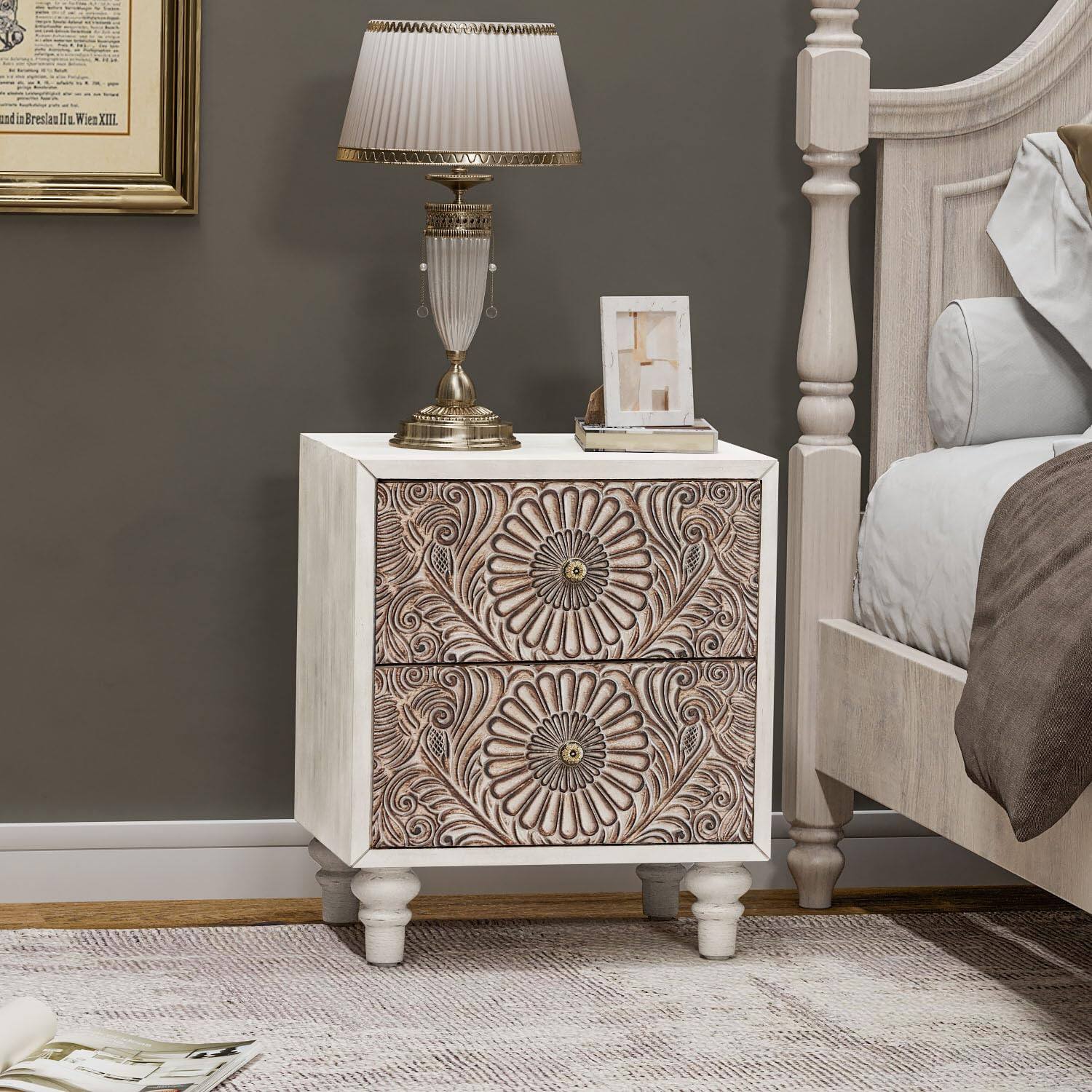 Empire DigiLabs - Vintage Nightstand Mdf 2-tier Bedside Table Wood Accent End With Storage Drawer And Open Display Shelf For - Wood Color-carved-2 Drawers