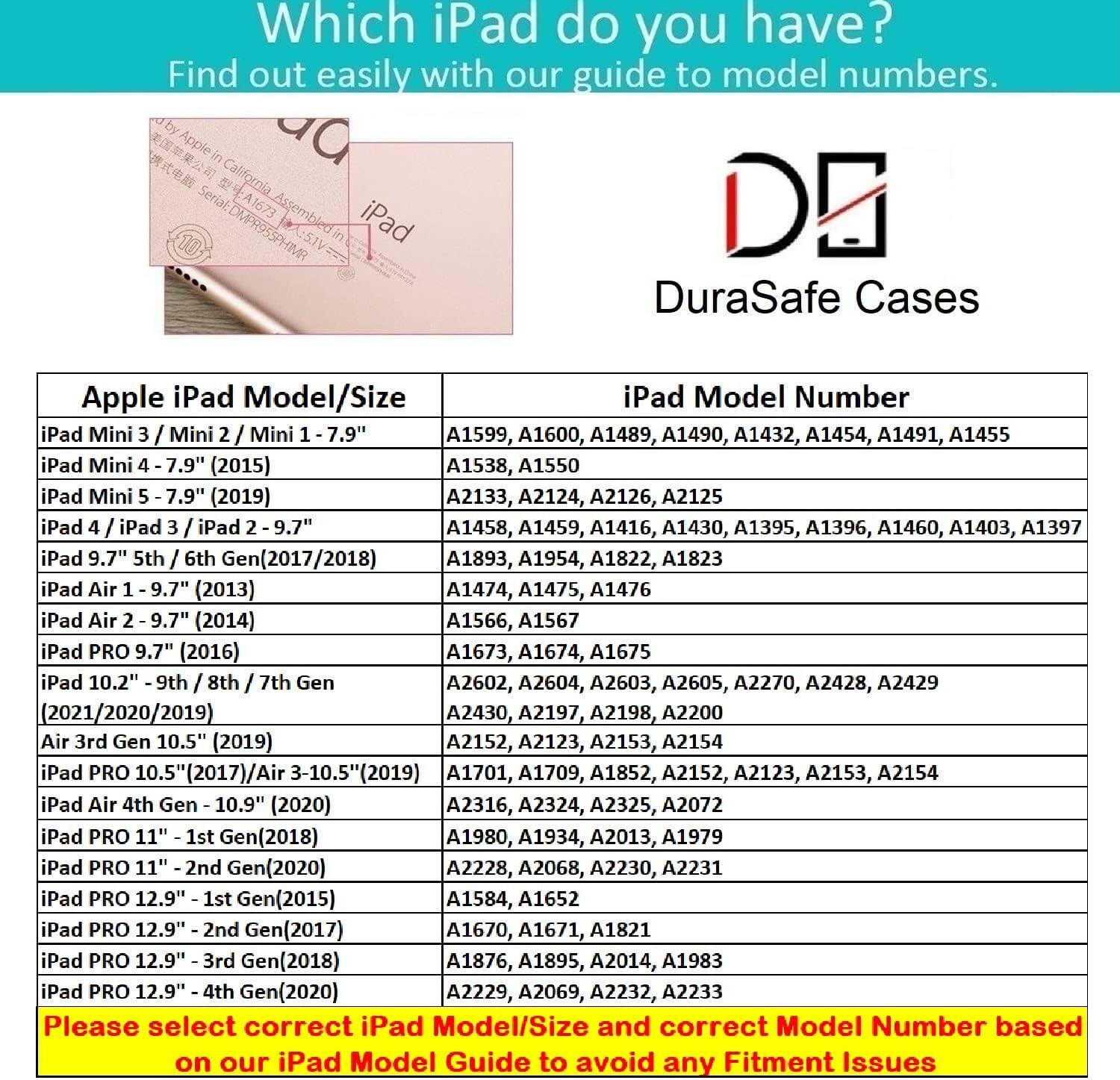 Which iPad do you have? Find out easily with our guide to model numbers.

DuraSafe Cases

Apple iPad Model/Size | iPad Model Number

iPad Mini 3 / Mini 2 / Mini 1 - 7.9" | A1599, A1600, A1489, A1490, A1432, A1454, A1491, A1455

iPad Mini 4 - 7.9" (2015) | A1538, A1550

iPad Mini 5 - 7.9" (2019) | A2133, A2124, A2126, A2125

iPad 4 / iPad 3 / iPad 2 - 9.7" | A1458, A1459, A1416, A1430, A1395, A1396, A1460, A1403, A1397

iPad 9.7" 5th / 6th Gen(2