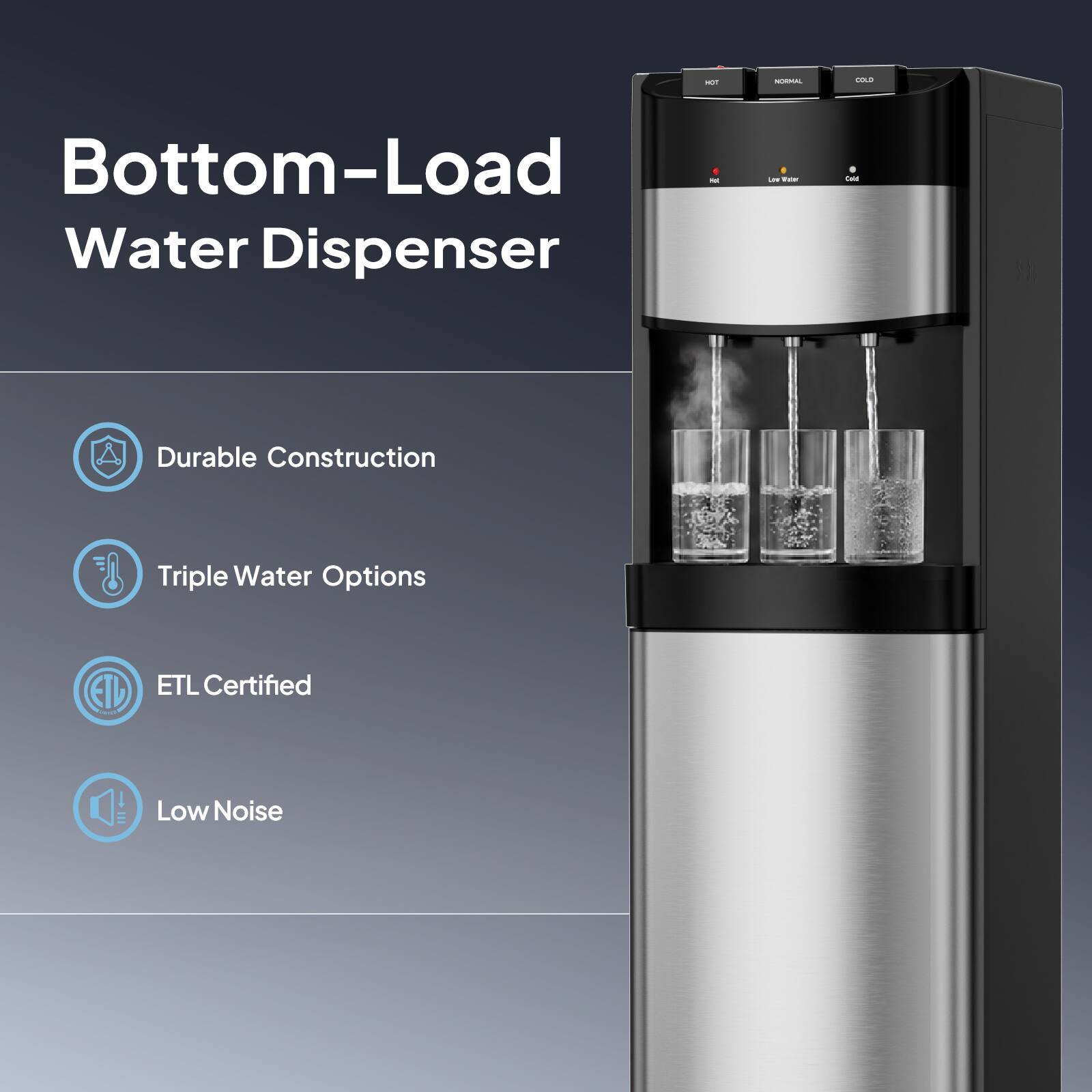 - Bottom-Load Water Dispenser
- Durable Construction
- Triple Water Options
- ETL Certified
- Low Noise