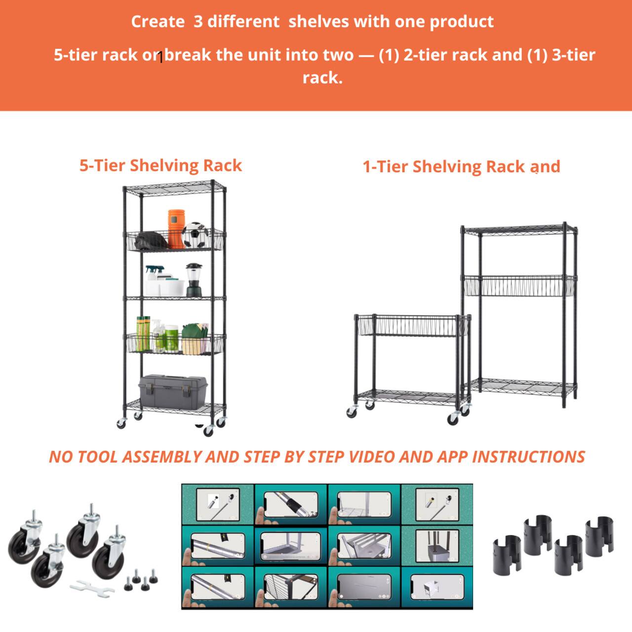 Alt View 22. TRINITY - 5-Tier 30x14x72 Modular Commercial Wire Shelving NSF w/ Baskets & Wheels Black - Black.