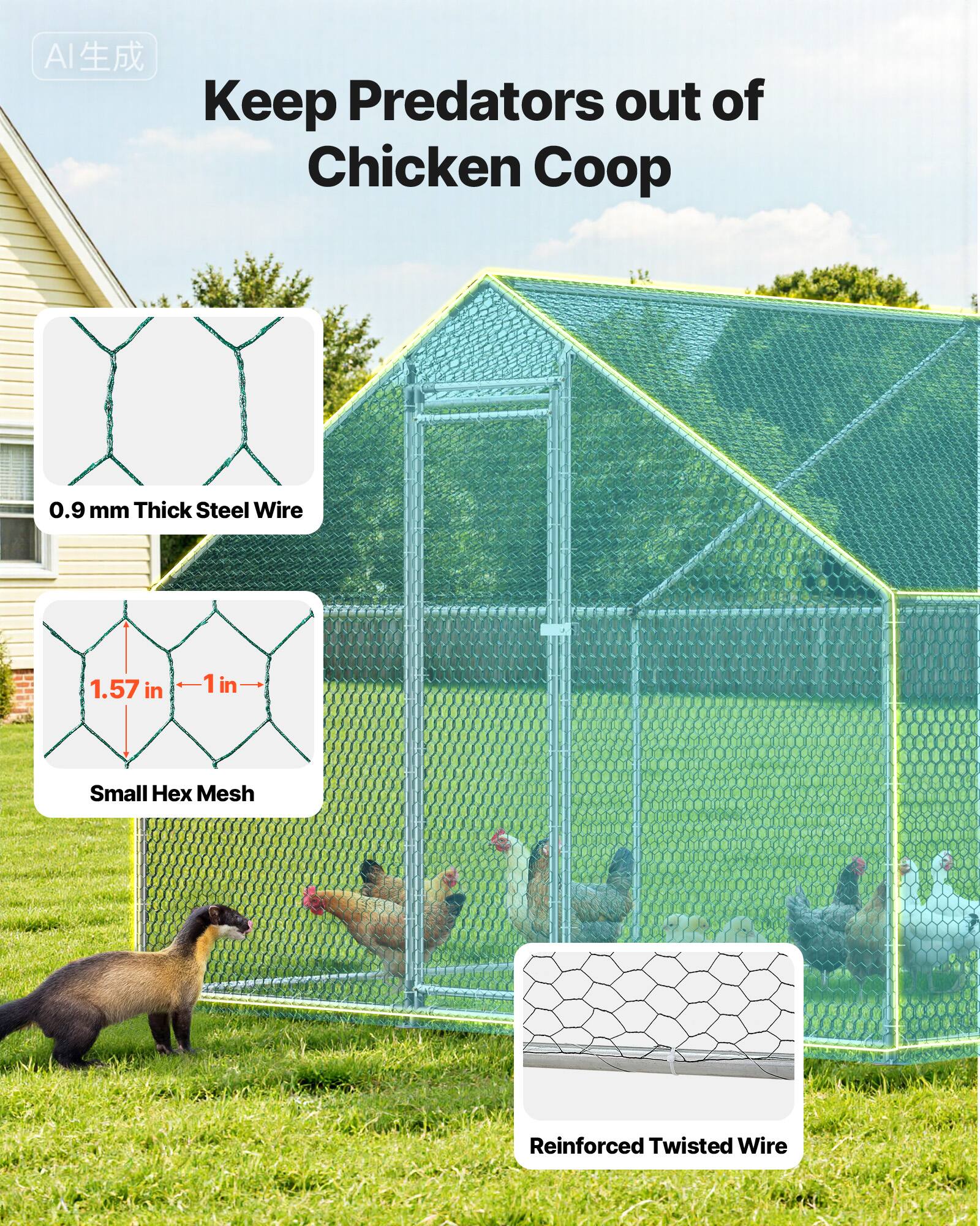 Keep Predators out of Chicken Coop

0.9 mm Thick Steel Wire

1.57 in 1 in Small Hex Mesh

Reinforced Twisted Wire