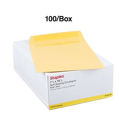 100/Box Staples 7 1/2 x 10% Self-Sealing Envelopes Kraft-28 7.5 in x 10.5 in (19 cm x 26.6 cm) 100 Envelopes ST534792