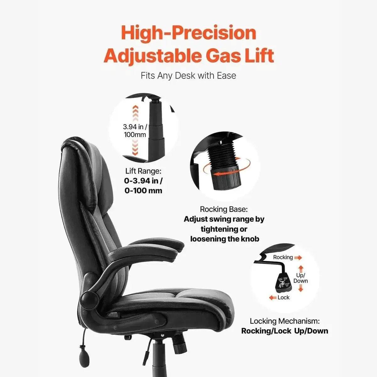 High-Precision Adjustable Gas Lift  
Fits Any Desk with Ease  

3.94 in / 100mm Lift Range: 0-3.94 in / 0-100 mm  

Rocking Base: Adjust swing range by tightening or loosening the knob  

Locking Mechanism: Rocking/Lock Up/Down