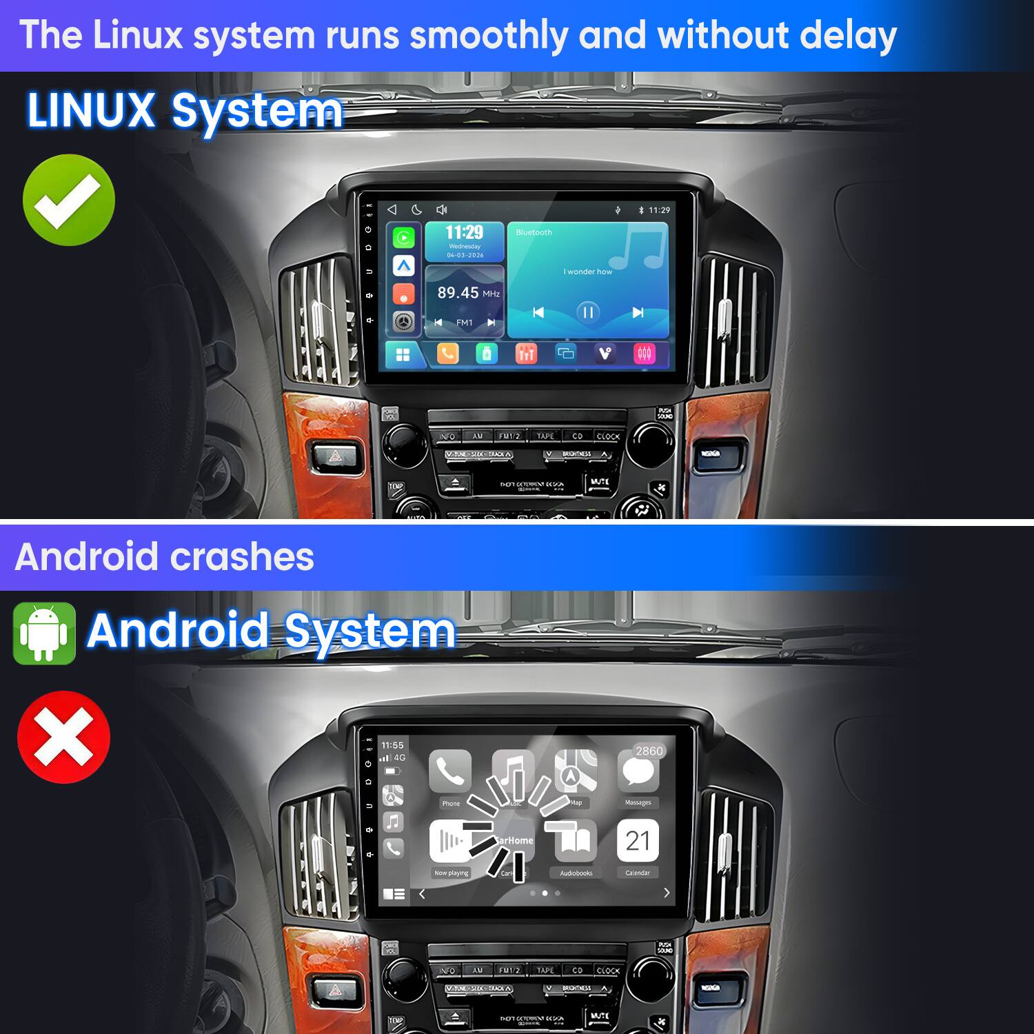 The Linux system runs smoothly and without delay  
LINUX System  
11:29  
11:29 Wednesday 04-03-2026  
Bluetooth  
I wonder how  
89.45 MHz  
FM1  
to: the  
NFO  
W  
FU12  
TAPE  
CO  
CLOCK  
VITAL INFORMATION  
V BUCKS  
NSIGA  
ago LOURCE KVA  
WTE  

Android crashes  
Android System X  
11:55 4G C Phone  
2860 Messages  
arriome  
21  
for playing  
Can  
Radobado  
Calander  
PUSH adidas  
NO  
IV  
FB12  
TAPE  
CO  
CLOCK  
WWW.SEA  
V muces  
NSKA  

saft OCTORIES SYA  
WCL