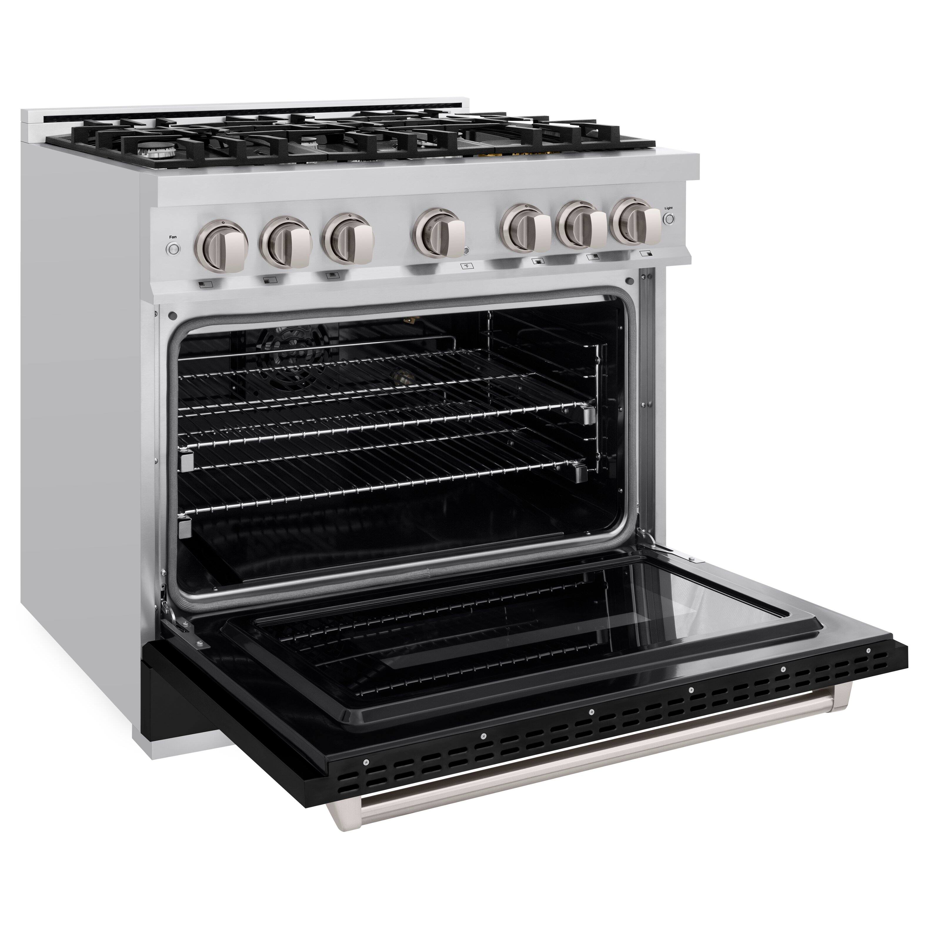 The image shows a stainless steel oven with a black glass door. The oven has a total of six burners, with four on the top and two on the bottom. The burners are arranged in a way that allows for efficient cooking, and the oven is designed to provide even heat distribution. The stove is a modern and stylish addition to any kitchen, and its sleek design and high-quality materials make it a great choice for any home.