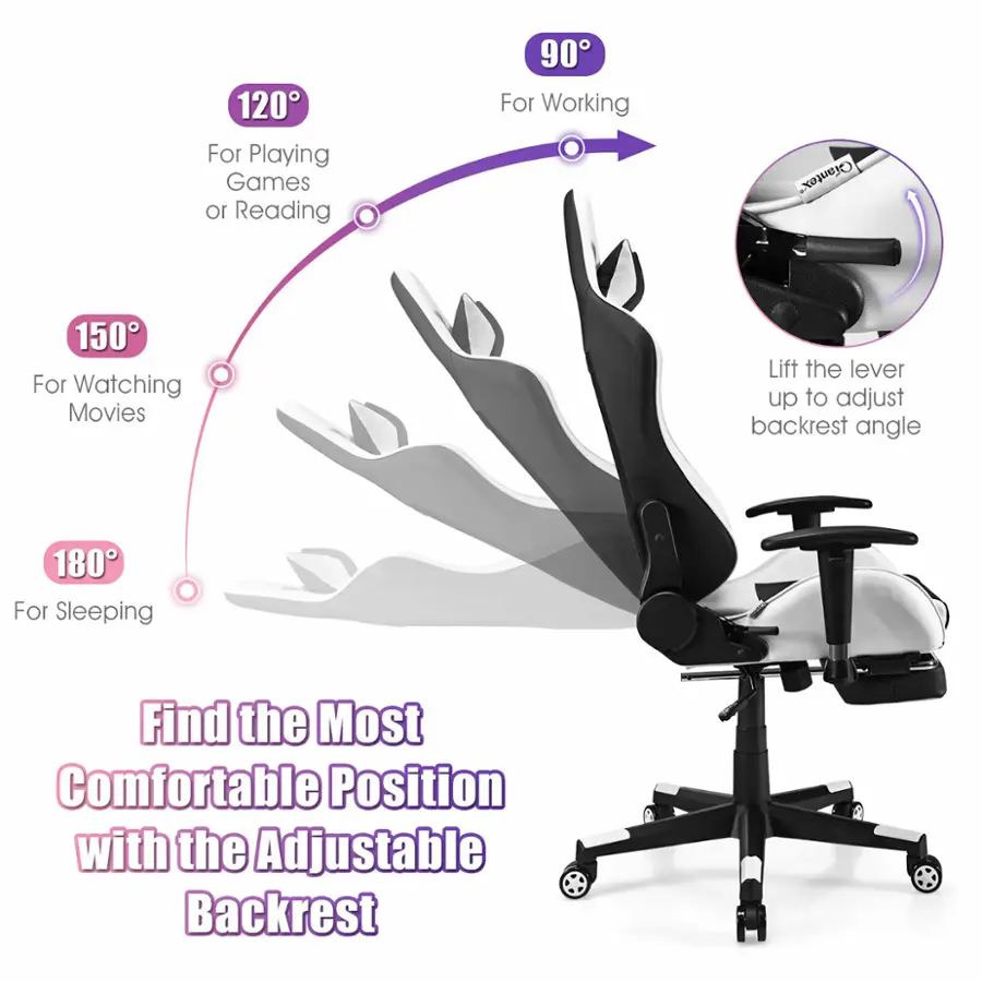 120° For Playing Games 10° For Reading 90° For Working 150° For Watching Movies Lift the lever up to adjust backrest angle 180° For Sleeping Find the Most Comfortable Position with the Adjustable Backrest