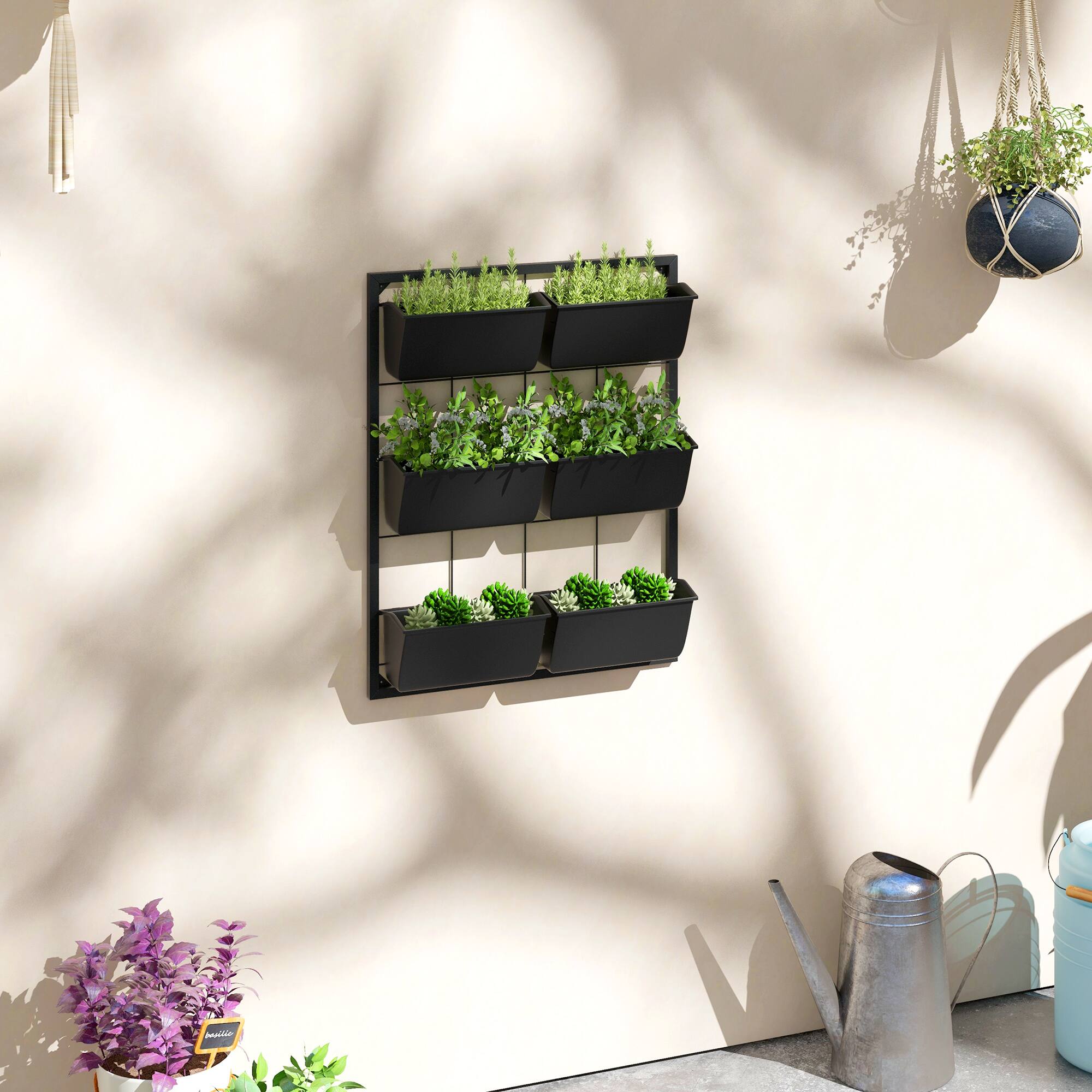 Alt View 1. Outsunny - 3-Tier Wall Planter with 6 Pots for Indoor and Outdoor Use, Hanging Plant Holder - Black.
