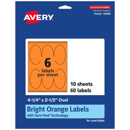 Go to avery.com/templates
Use Avery Template Presta 94058
6 labels per sheet
10 sheets
60 labels
4-1/4" x 2-1/2" Oval
Bright Orange Labels with Sure Feed Technology for Laser/Inkjet
