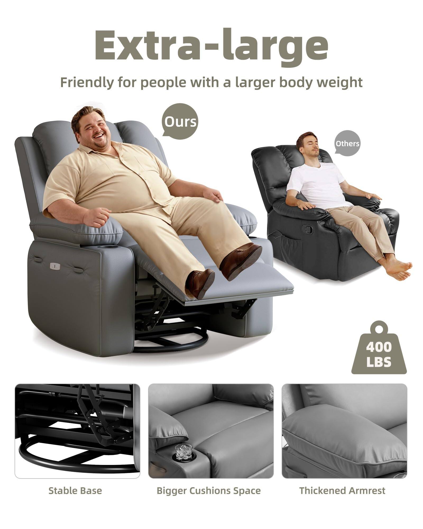 Extra-large  
Friendly for people with a larger body weight  

Ours  
Others  

400 LBS  

Stable Base  
Bigger Cushions Space  
Thickened Armrest