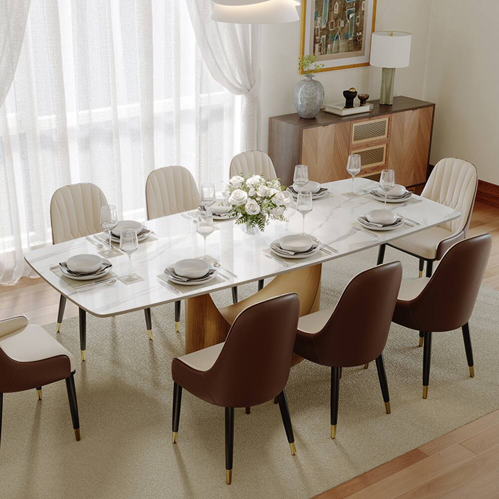 Front. POVISON - 94" Modern Minimalist Dining Table for 10, White Rectangular Glossy  Sintered Stone Tabletop, Bronze Carbon Steel Leg - Glossy White Sintered Stone with Bronze.