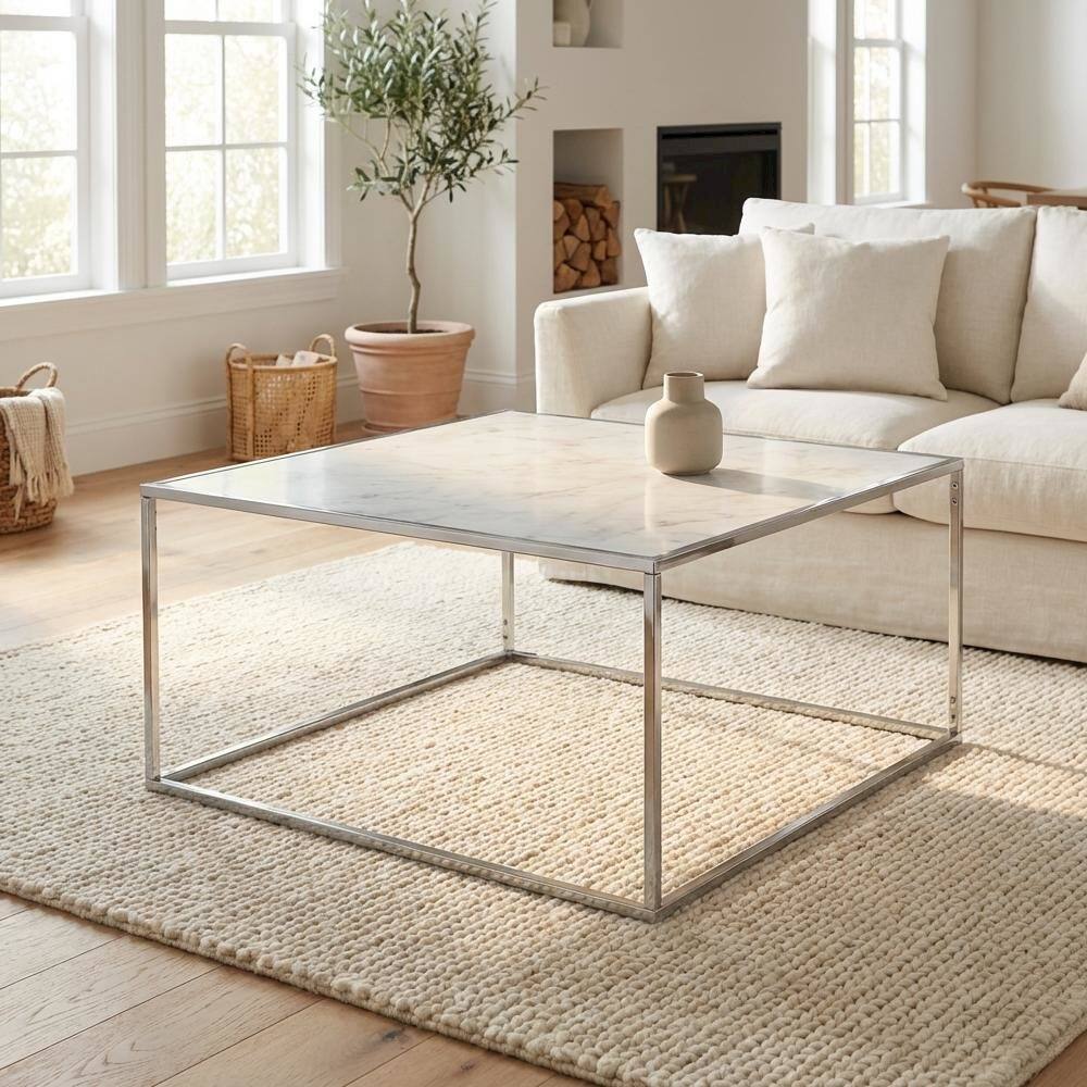 Back. FurniFact - Faux Marble Coffee Table Silver Powder Coated Metal Frame Stylish Design - Faux Marble.