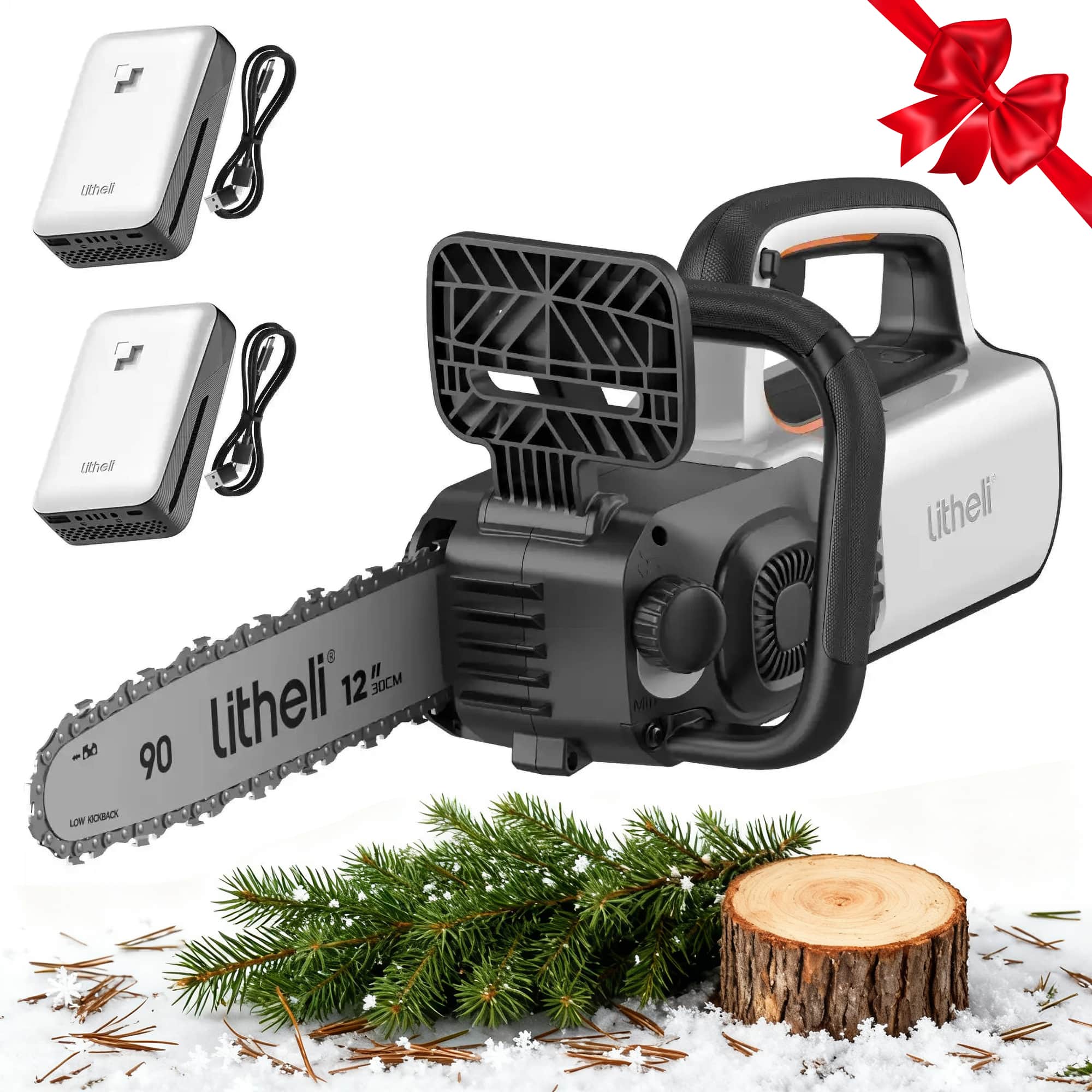 Litheli - 12" Brushless Electric Battery Chainsaw, Chain Saw with 2 x 20V MAX 2.0Ah Battery，Cordless Handheld Battery Power - ORANGE AND WHITE