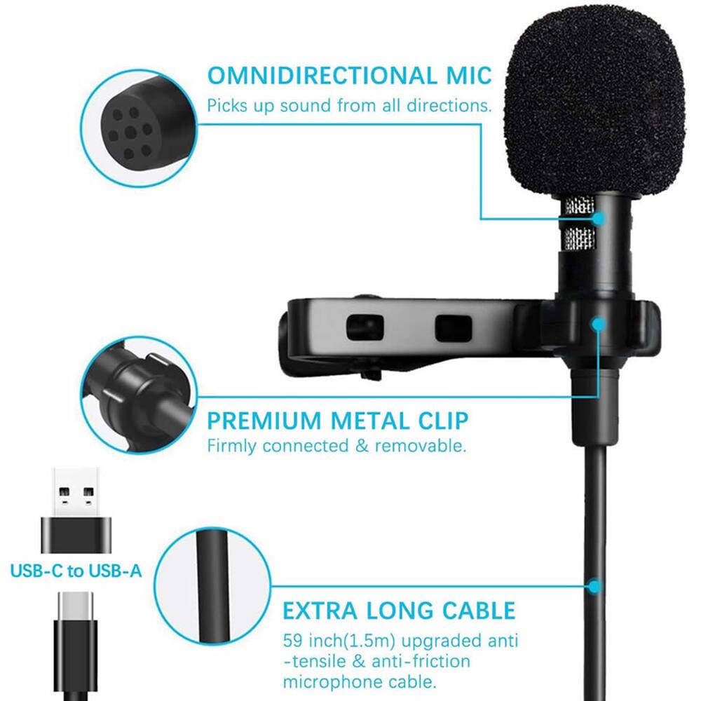 OMNIDIRECTIONAL MIC  
Picks up sound from all directions.

PREMIUM METAL CLIP  
Firmly connected & removable.

USB-C to USB-A  
EXTRA LONG CABLE  
59 inch (1.5m) upgraded anti-tensile & anti-friction microphone cable.