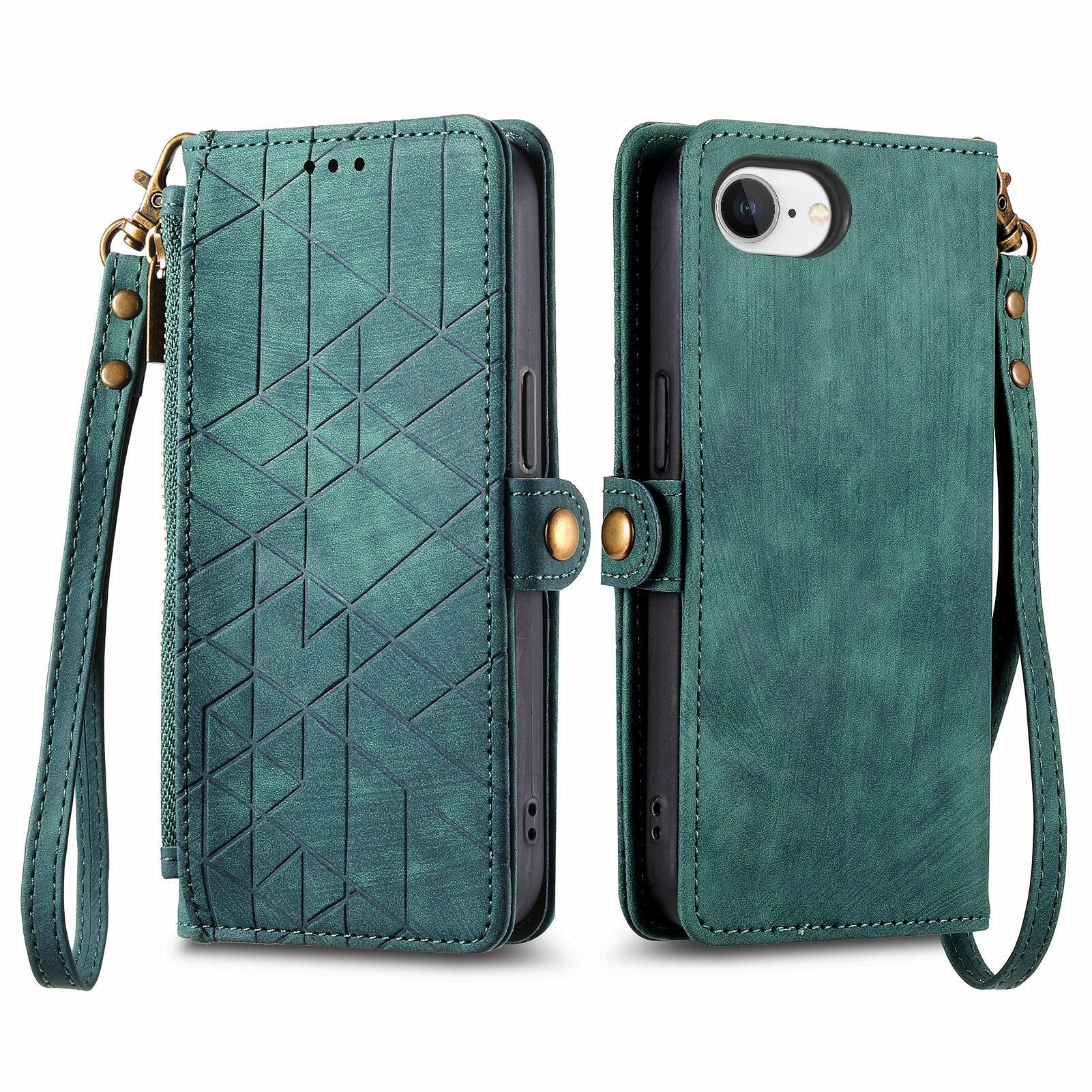 Left. Dteck - Zipper Wallet Pocket Case for iPhone 17E/16E, Shockproof with Card Holders PU Leather Embossed Stand Wristlet - Green.
