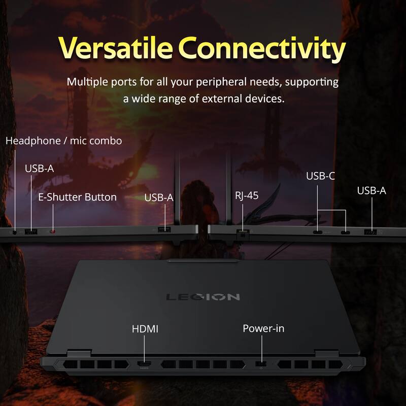 Versatile Connectivity  
Multiple ports for all your peripheral needs, supporting a wide range of external devices.  

Headphone / mic combo  
USB-A  
E-Shutter Button  
USB-A  
RJ-45  
USB-C  
USB-A  

HDMI  
Power-in