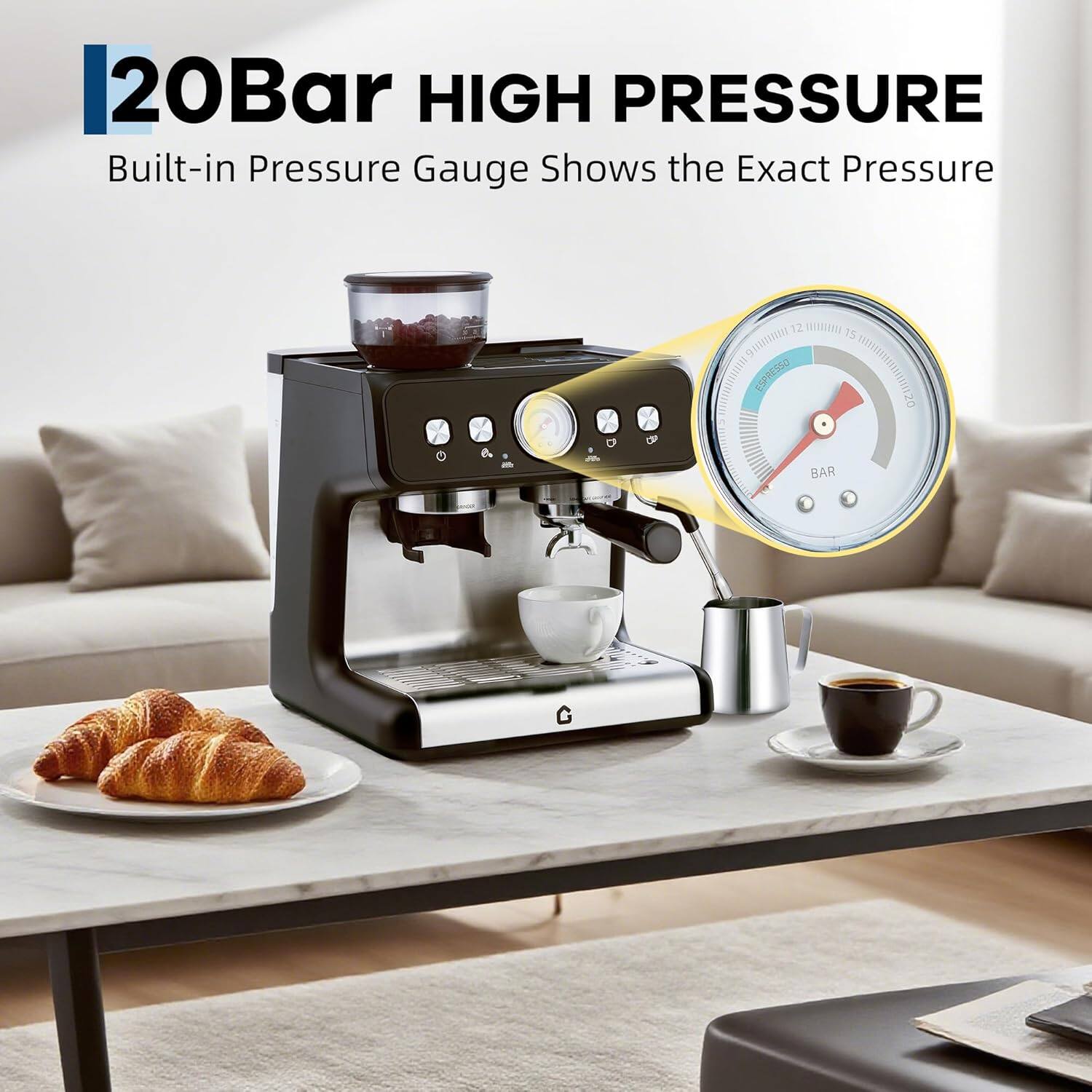 20Bar HIGH PRESSURE  
Built-in Pressure Gauge Shows the Exact Pressure