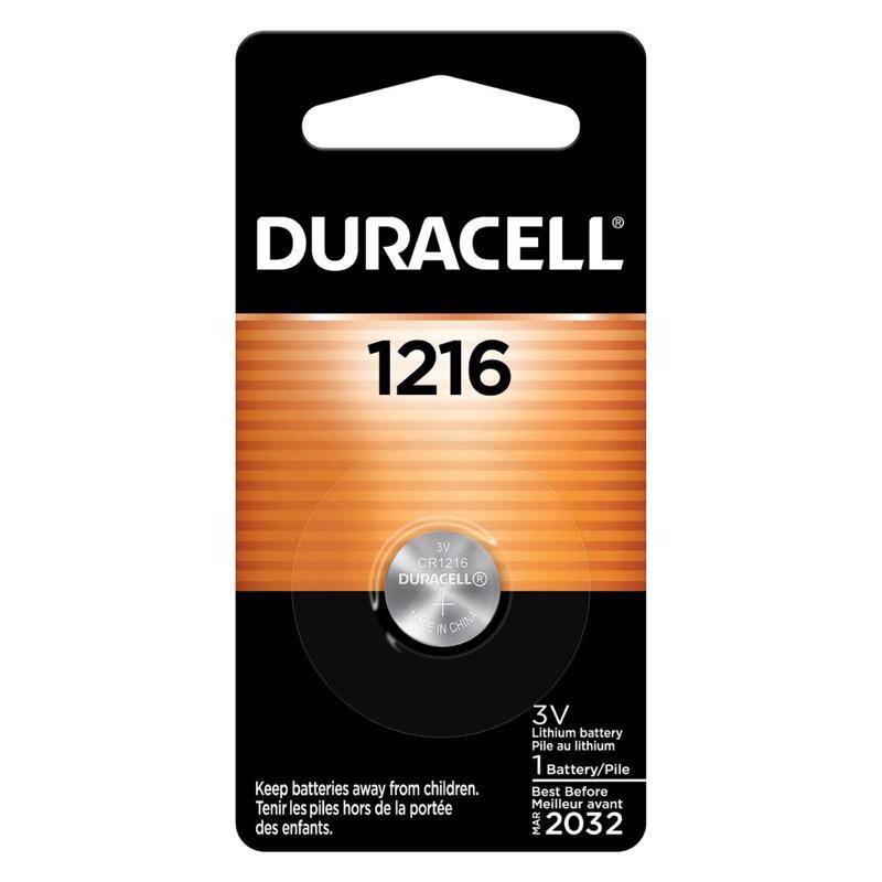 DURACELL 1216 3V CR1216  
DURACELL MADE IN CHINA  
Keep batteries away from children.  
Tenir les piles hors de la portée des enfants.  
3V Lithium battery  
Pile au lithium  
1 Battery/Pile  
Best Before Meilleur avant MAR 2032