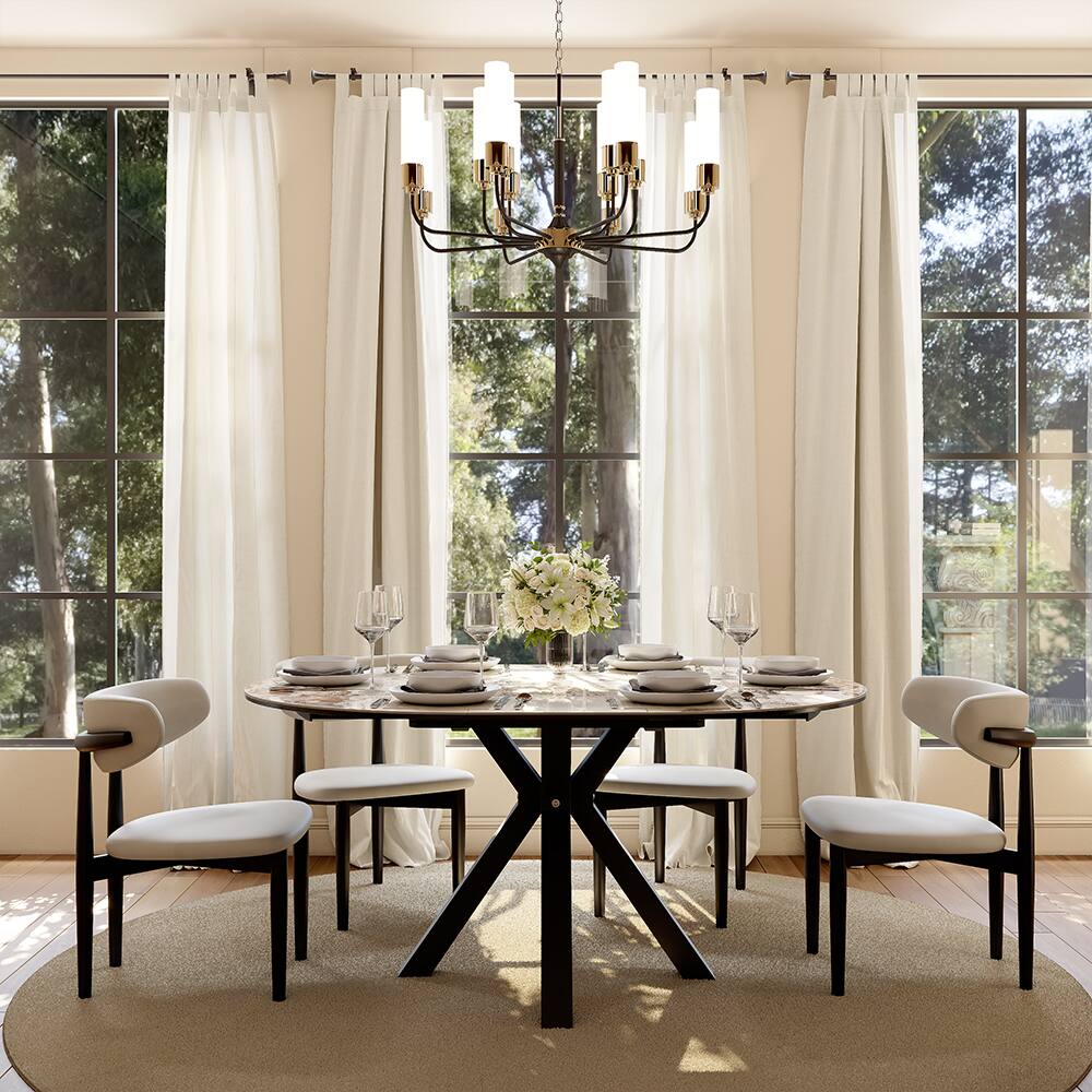 Angle. POVISON - 47"-63" Round Extendable Dining Table for 4-6, Pandora Sintered Stone & Glass Top, Black Steel Legs - Pandora.