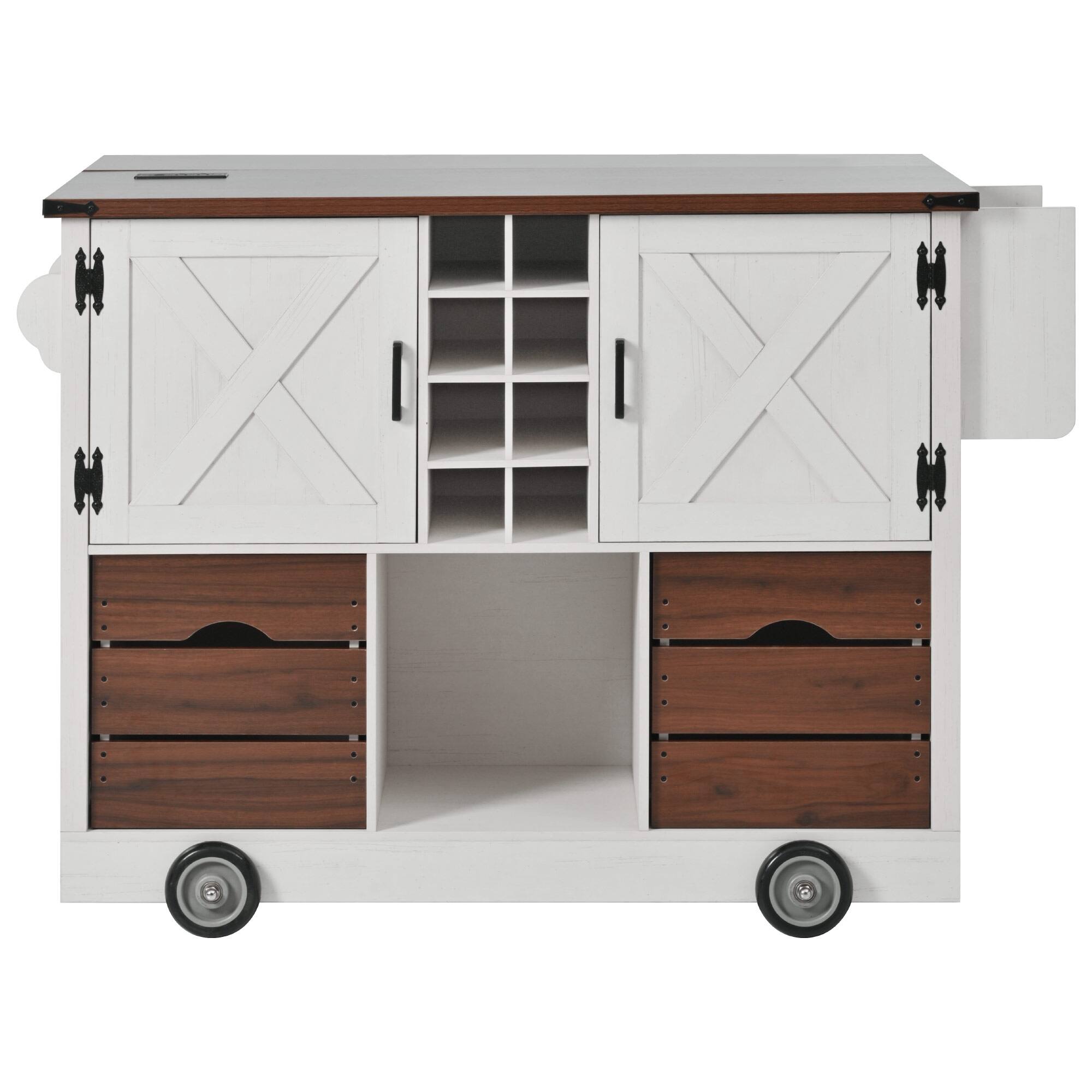 Alt View 1. Forest'nSky - Kitchen Island on 4 Large Wheels, 54" Farmhouse Style with Drop Leaf, Power Outlet, 2 Doors, White - White.