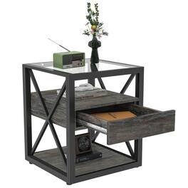 Resenkos - Industrial End Table With Drawer, Rustic MDF & Tempered Glass Top, Antique Wood Grain And Black - Gray