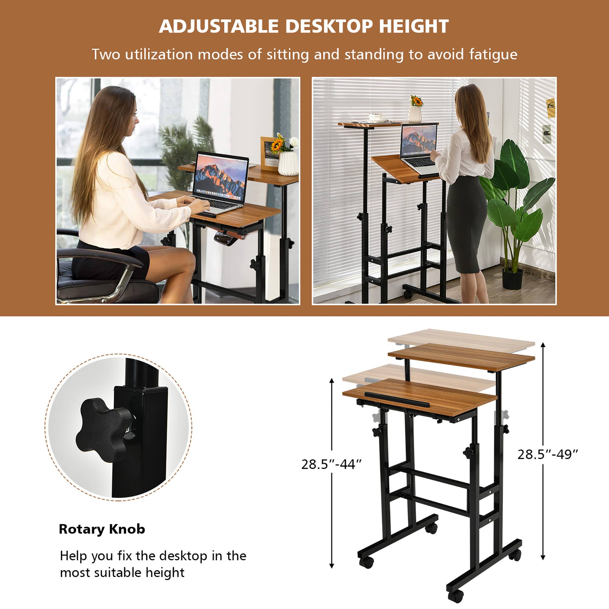 Adjustable Desktop Height: Two utilization modes of sitting and standing to avoid fatigue. 28.5"-44" and 28.5"-49" Rotary Knob to help you fix the desktop in the most suitable height.