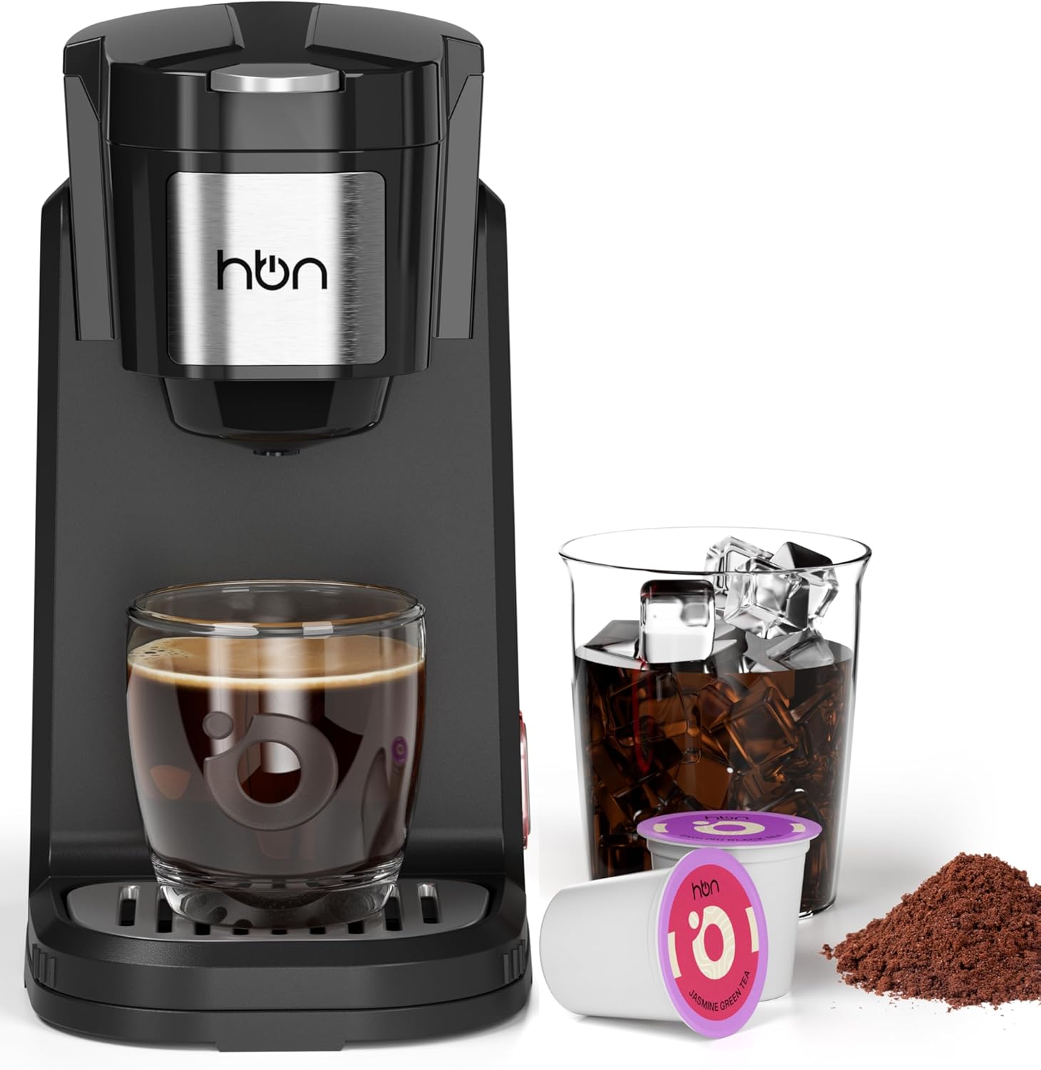 HBN - Single Serve Coffee Maker, K-Cup & Ground Coffee, Fast Brew, 10oz Tank, Compact - Black