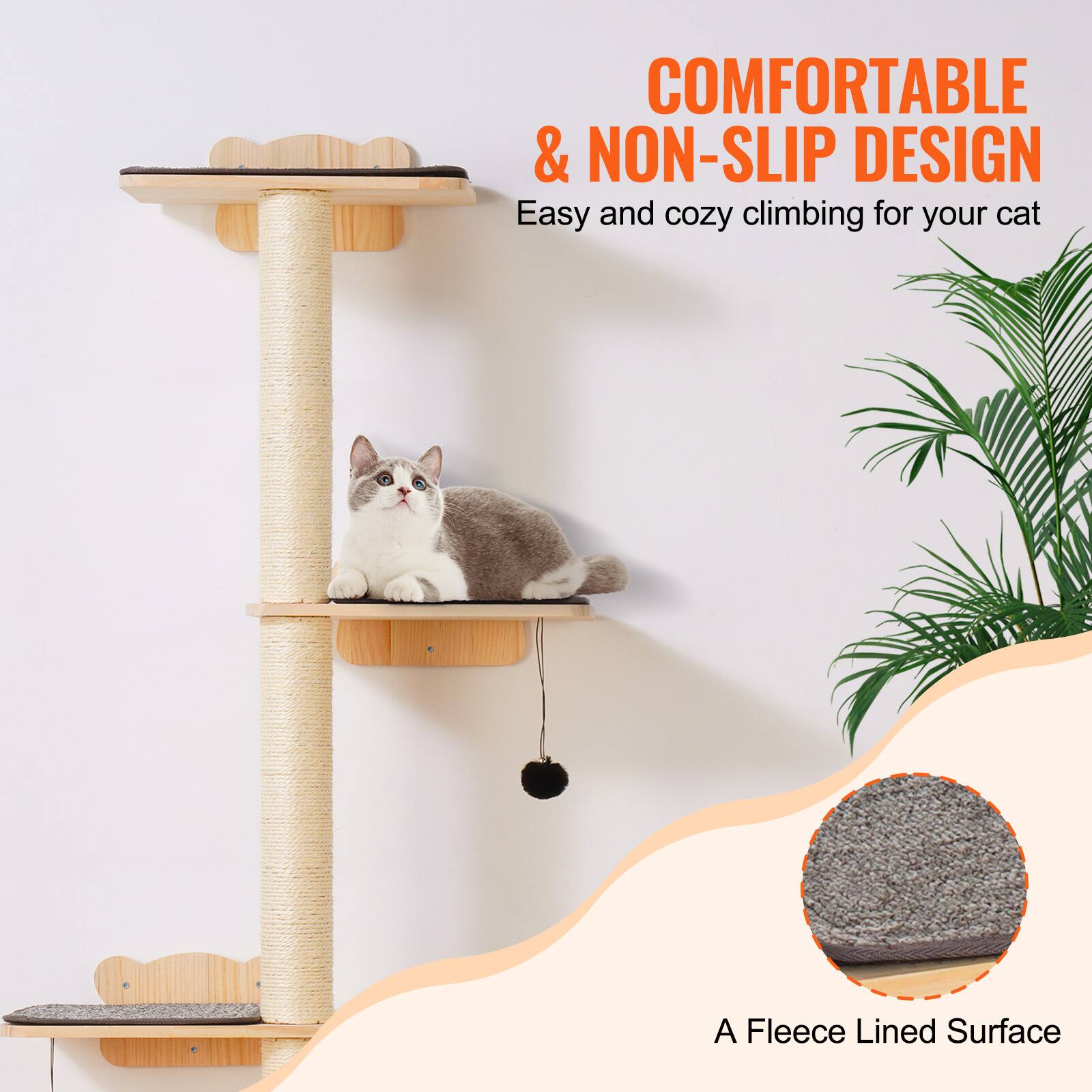 COMFORTABLE & NON-SLIP DESIGN  
Easy and cozy climbing for your cat  

A Fleece Lined Surface