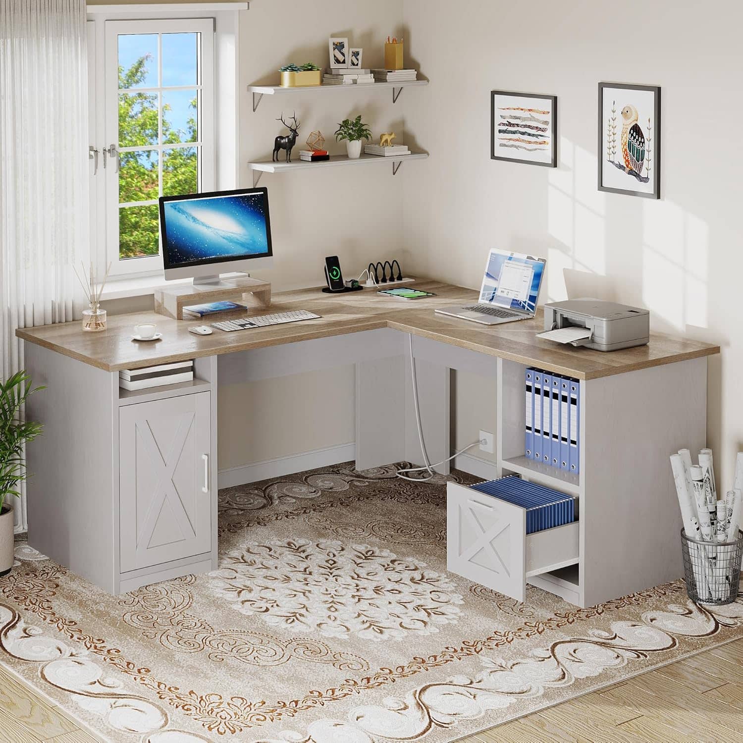 Zell Electronics 60 Inch Grey Corner Desk with Outlets, File