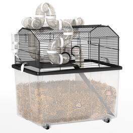 Pawhut - 23"x17"x22" Black 2-Tier Large Hamster Gerbil Cage with 12" Deep Tray, Tube System, Water Bottle, Ramp, Feeding Bowl
