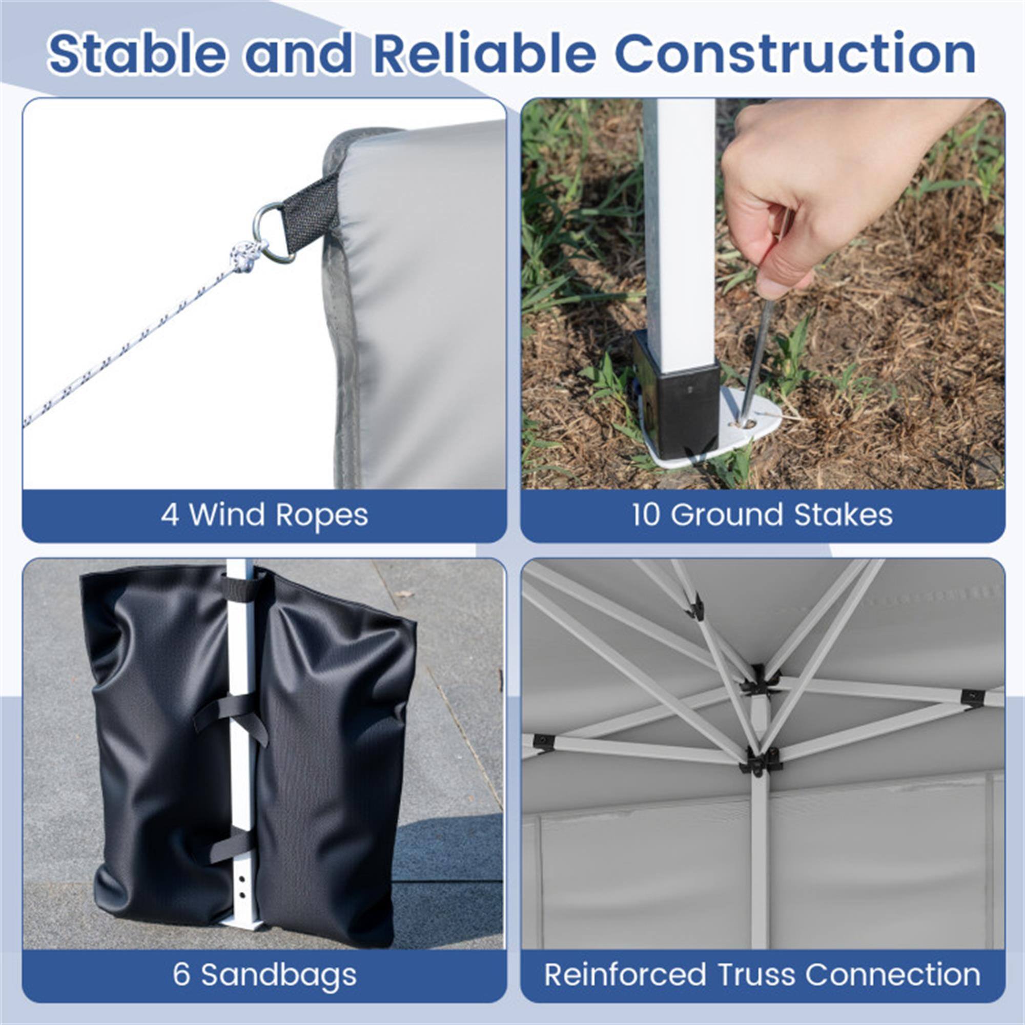 Stable and Reliable Construction

- 4 Wind Ropes
- 10 Ground Stakes
- 6 Sandbags
- Reinforced Truss Connection