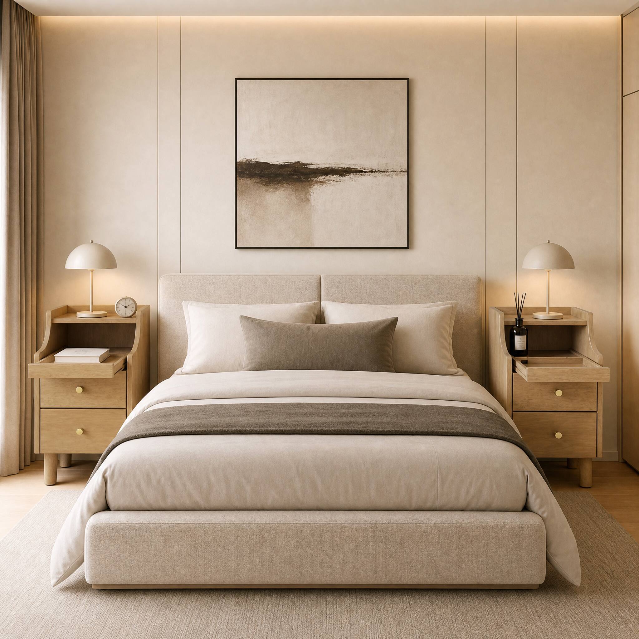Left. WELLFOR - Set of 2 Solid Wood Nightstands with Pull-out Tray and 2 Storage Drawers - Natural.