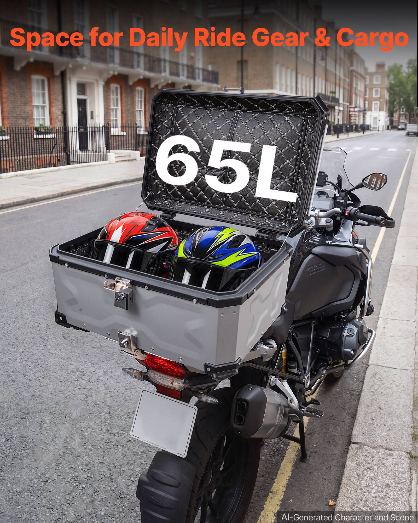 Space for Daily Ride Gear & Cargo  
65L  
AI-Generated Character and Scene
