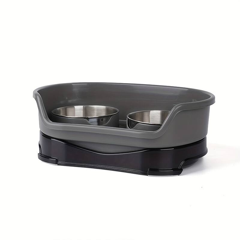 Front. Supet - One-piece Double Stainless Steel Dog Bowl - Grey.