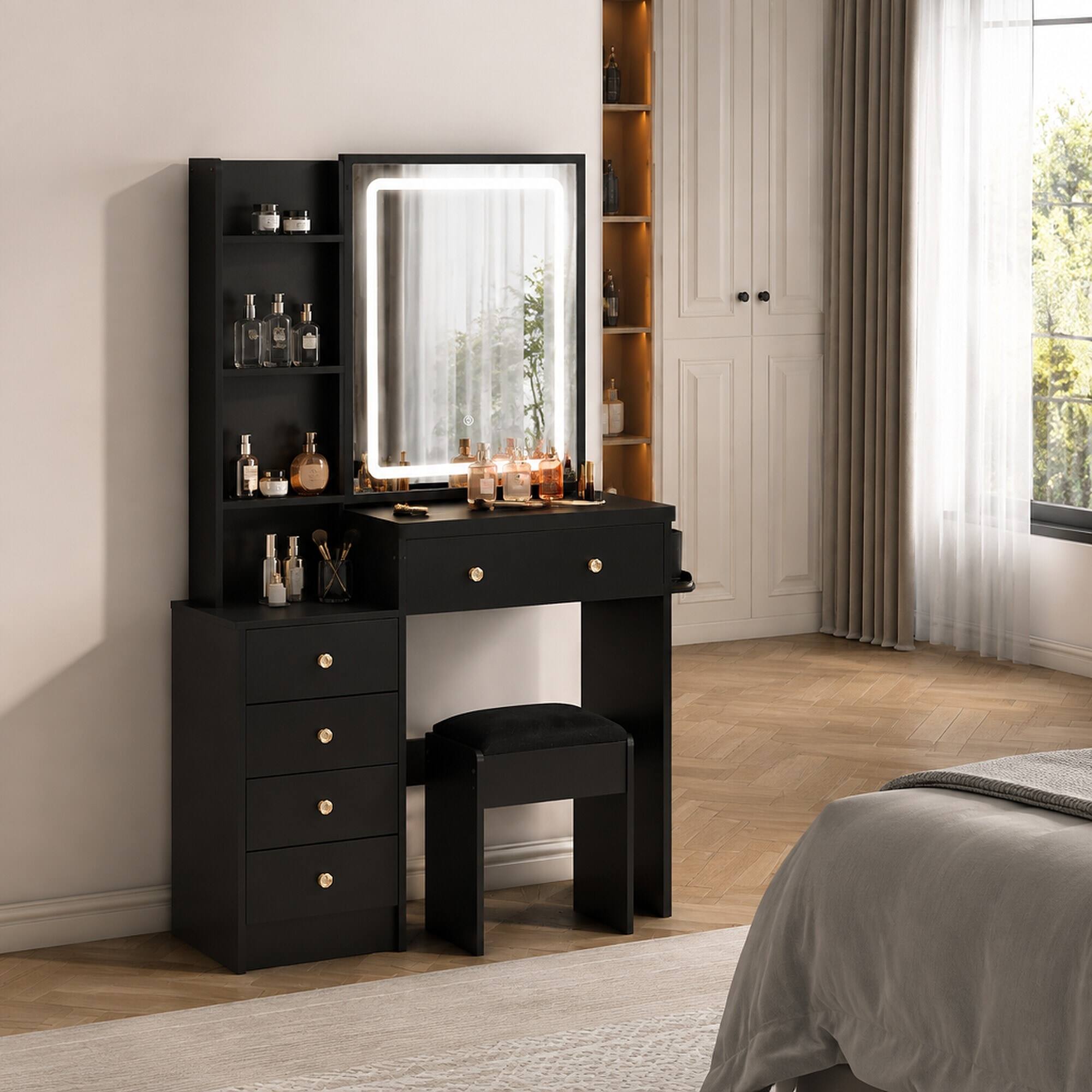 Angle. RYHNUYNE - 37 in Makeup Vanity Table Set, Sliding LED Mirror, Cushioned Stool, Built-in Outlet and Hair Dryer Stand, UL EPA - Black.