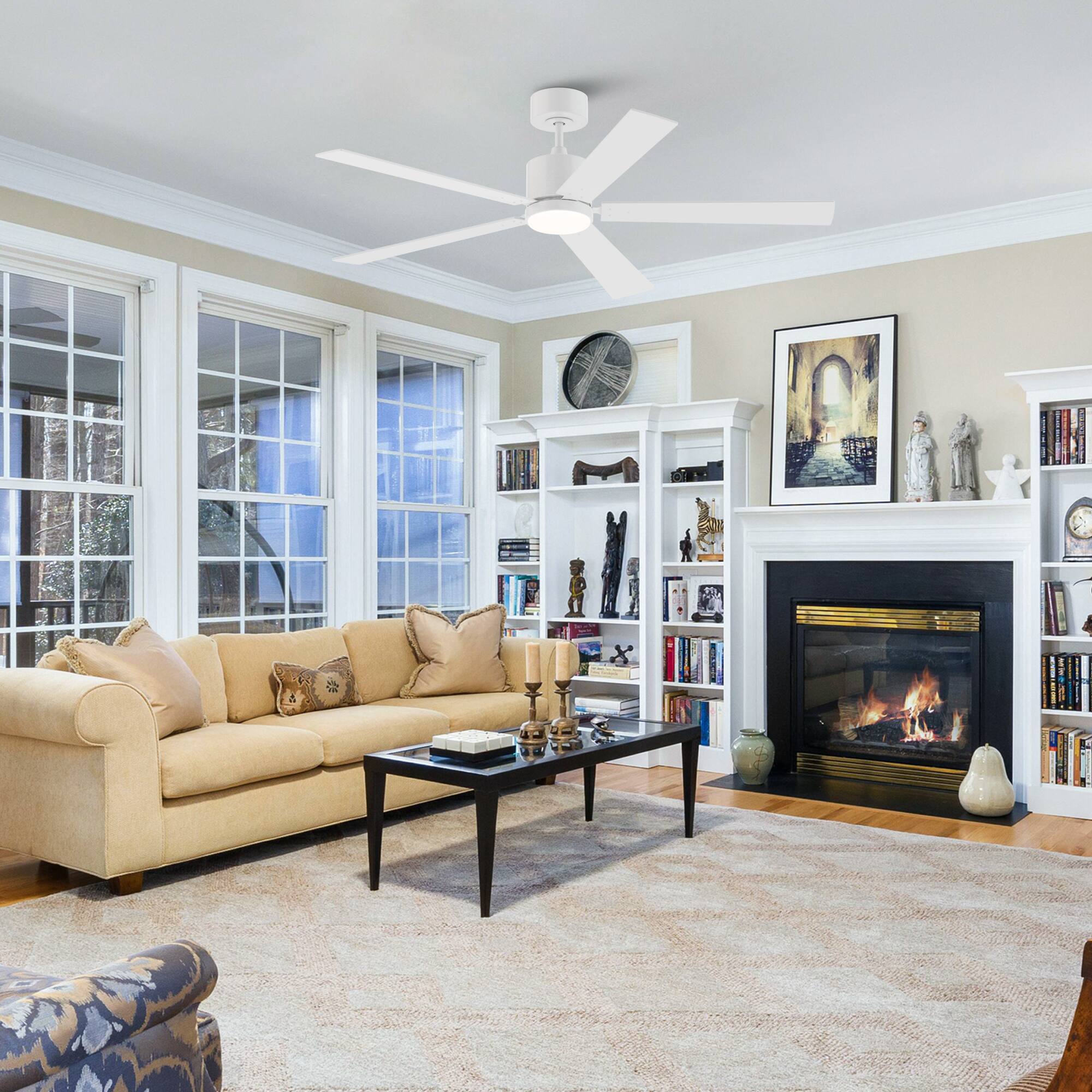 Angle. Vaczon - 52" Modern White Wooden 5-blade Ceiling Fan with Light and Remote - White.