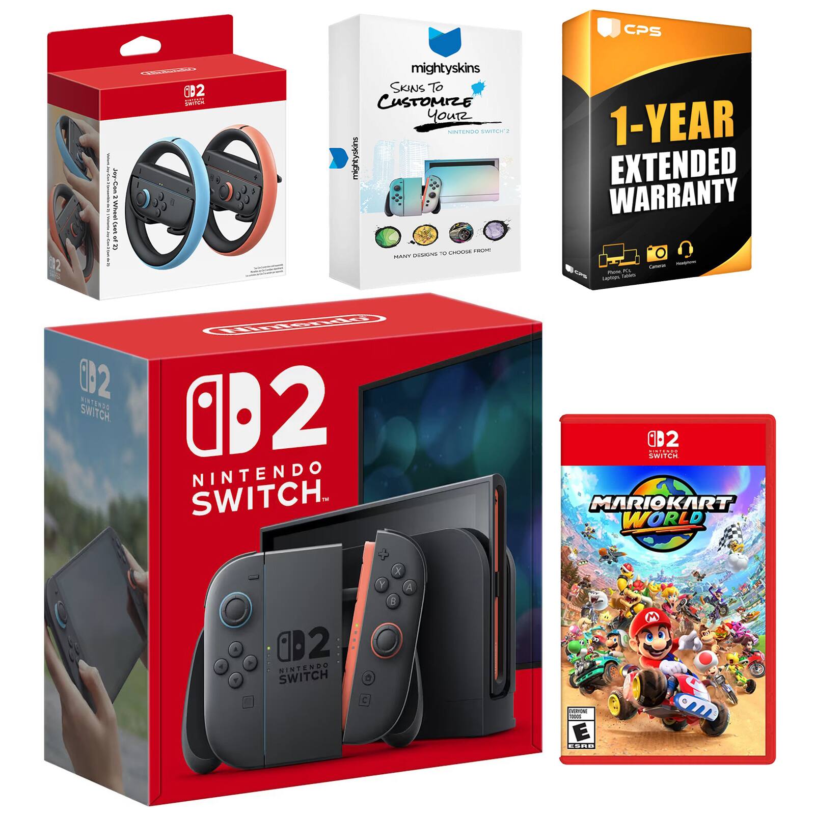 Switch 2 Console with Mario Kart World, Joy Con Wheel, MightySkins Code and 1 CPS Year Extended Warranty - Nintendo Switch 2