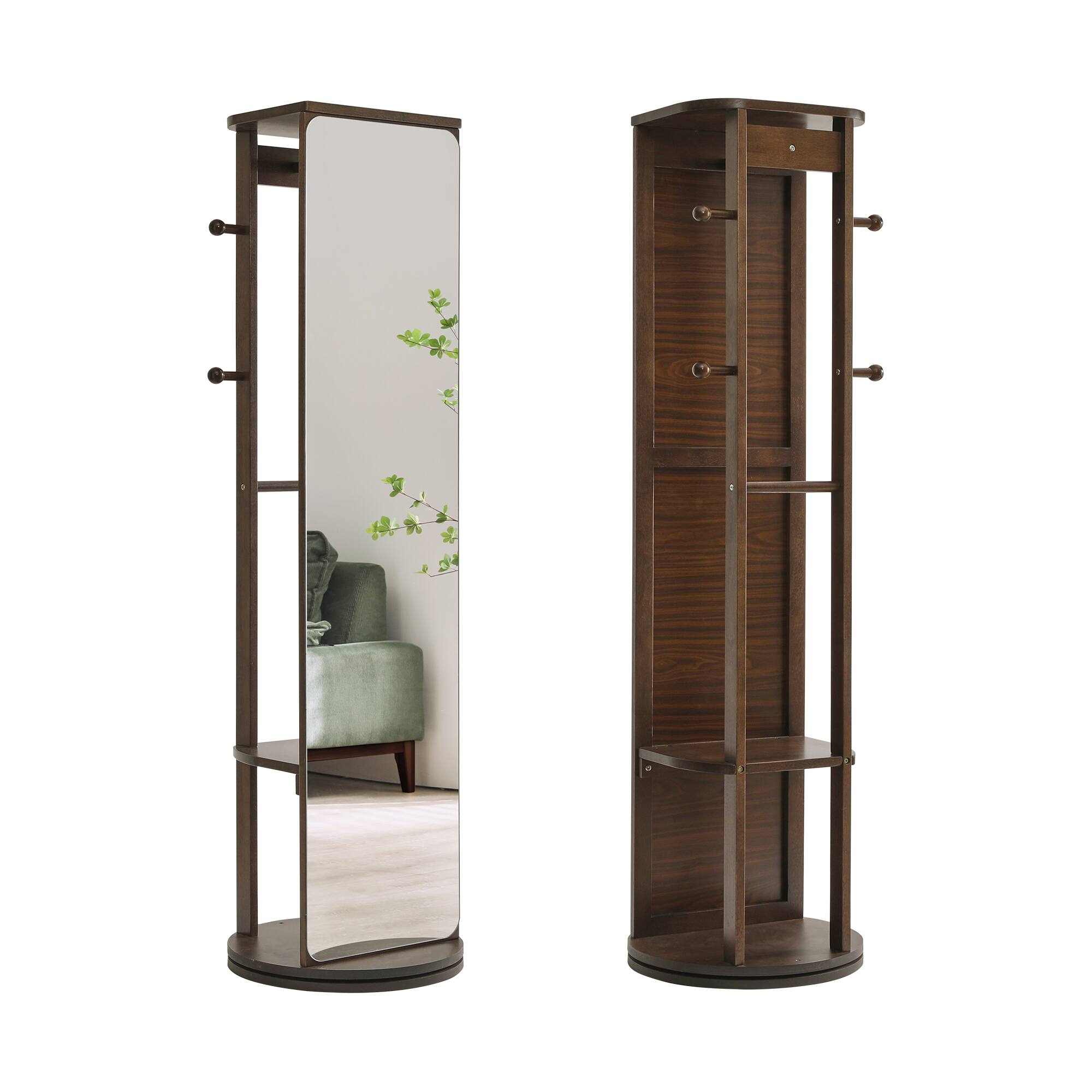 Angle. Whisen - 360° Rotating Full Length Standing Mirror with Coat Rack,Multi-Functional Hooks and Storage Shelves for Bedroom Closet - Walnut.
