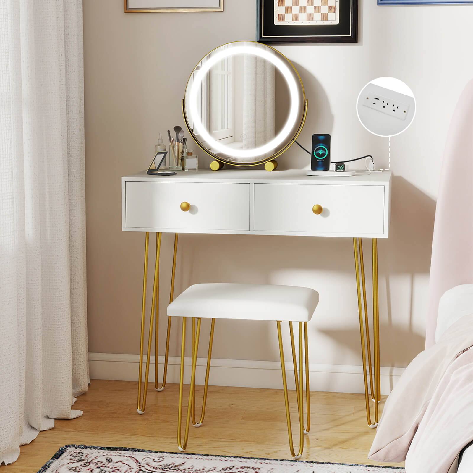 Alt View 1. Costway - Costway Vanity Desk with Mirror and Lights Lighted Adjustable Mirror 2 Drawers for Bedroom - White.