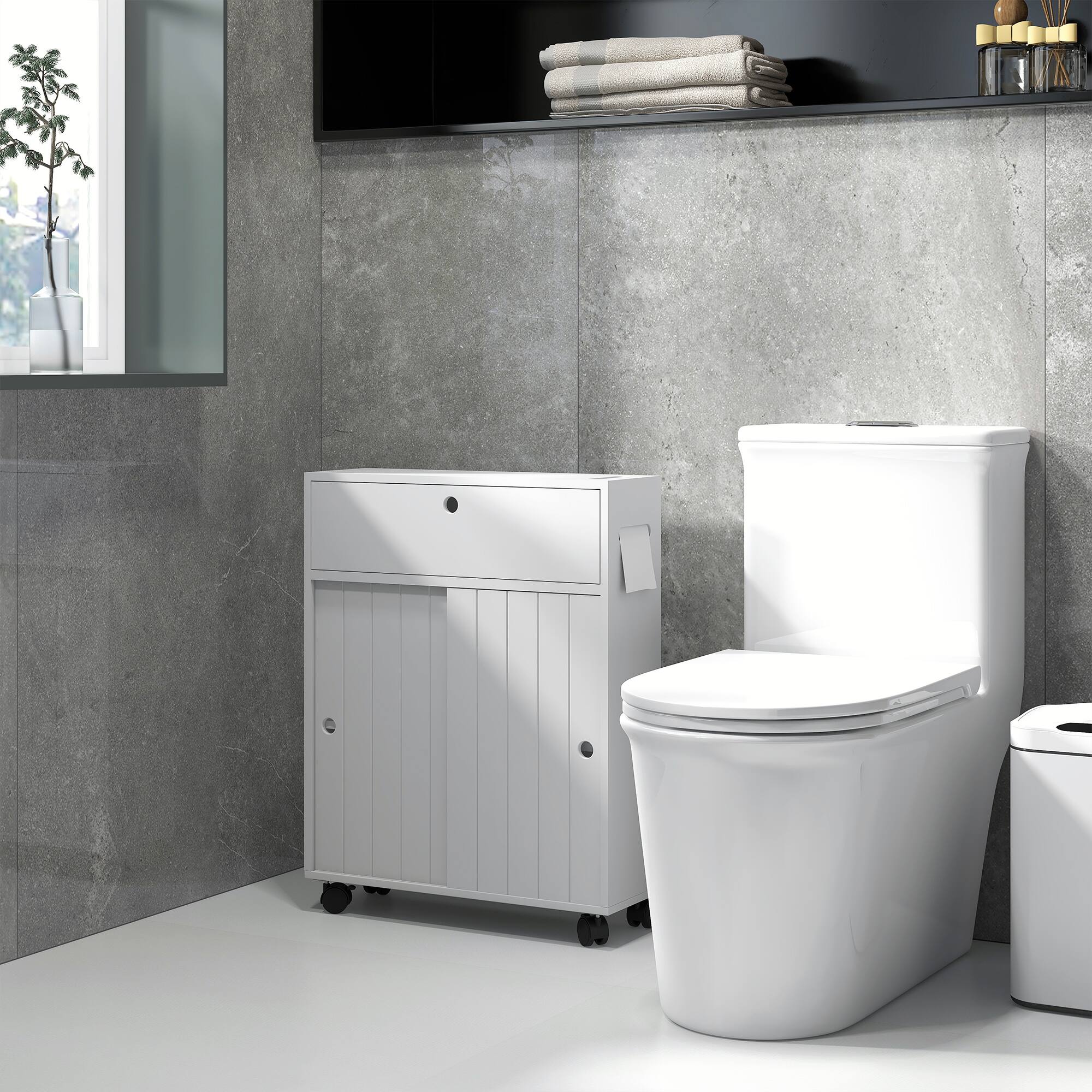 Alt View 6. Kleankin - Paper Cabinet, Slim Bathroom Cabinet with 4 Rolling Wheels, Small Bathroom Storage Cabinet with Paper Holes - White.