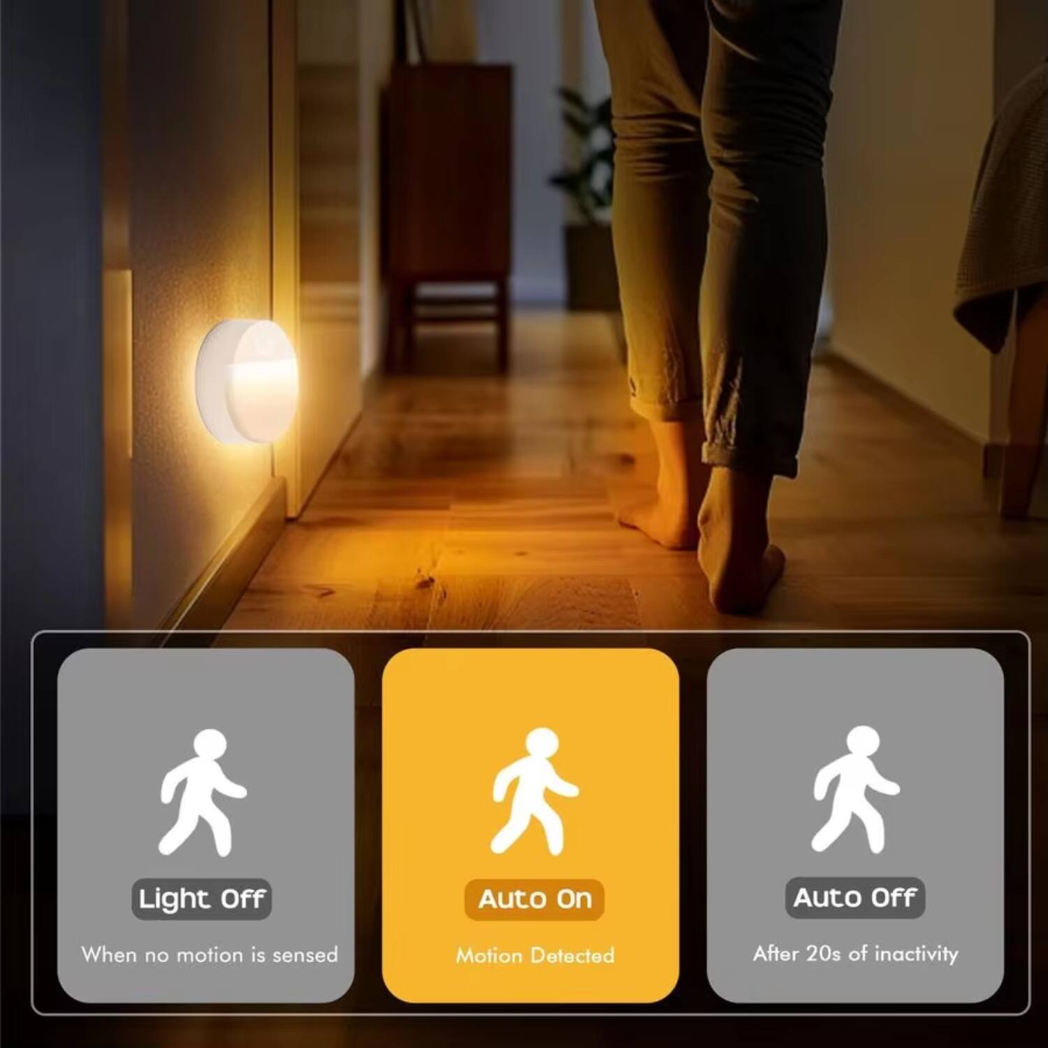 Light Off  
When no motion is sensed

Auto On  
Motion Detected

Auto Off  
After 20s of inactivity