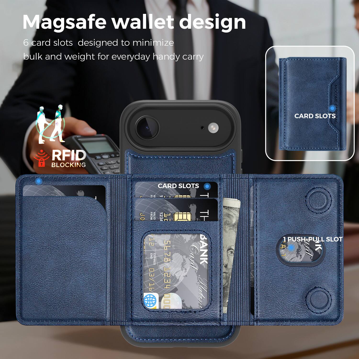 Magsafe wallet design

6 card slots designed to minimize bulk and weight for everyday handy carry

RFID BLOCKING

CARD SLOTS

1 PUSH-PULL SLOT